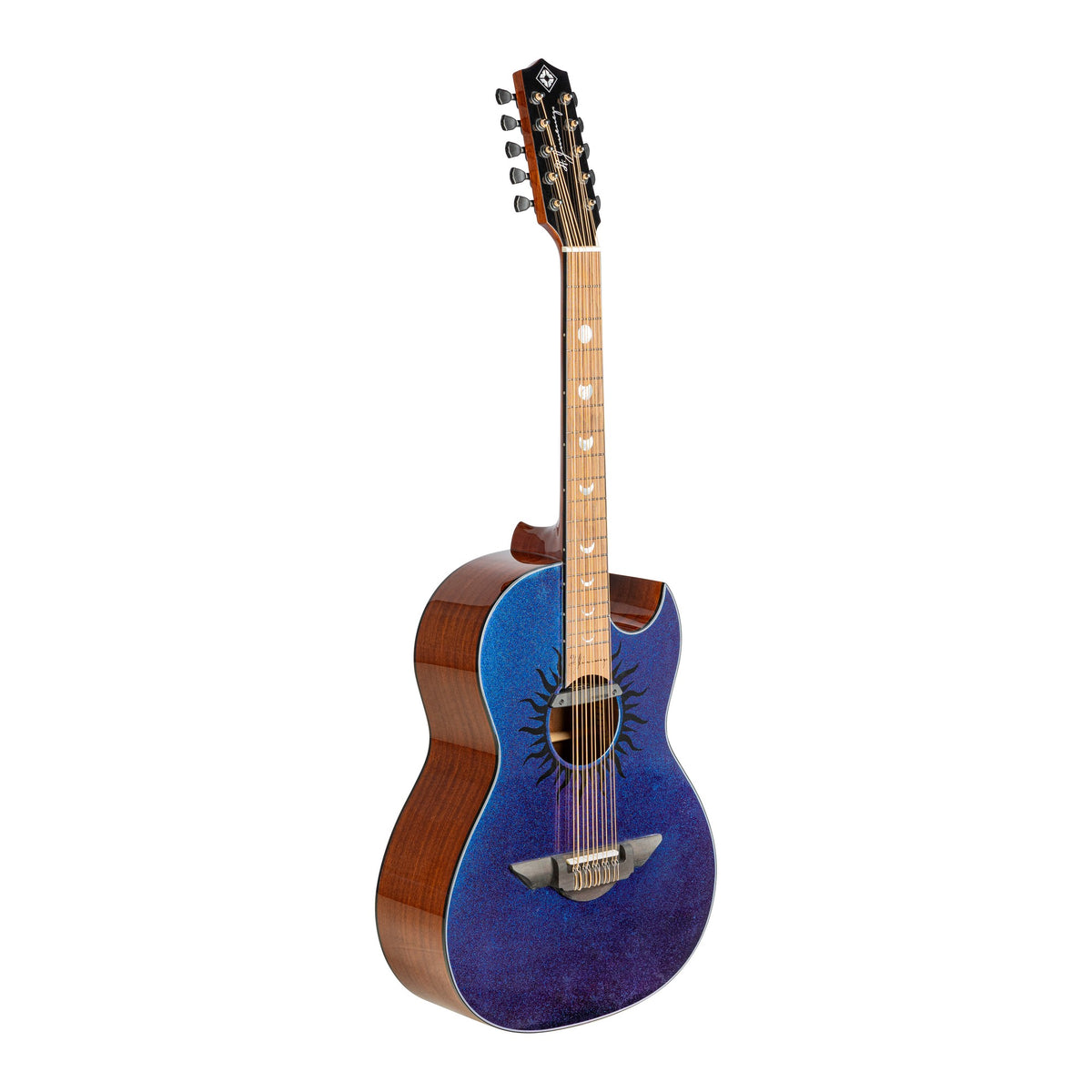H. Jimenez LBQ1GXE-AB Aurora Borealis Purple-Blue Sparkle Cutaway Acoustic Electric Bajo Quinto, angled front view of the body