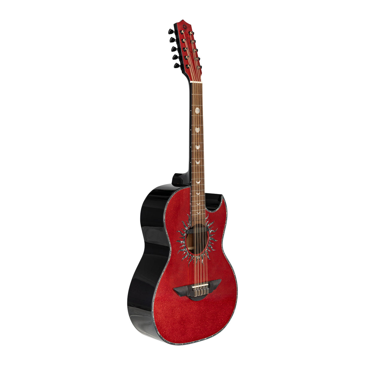 H. Jimenez LBQ1GXE-AN Antares Red Sparkle Cutaway Acoustic Electric Bajo Quinto, angled front view of the body