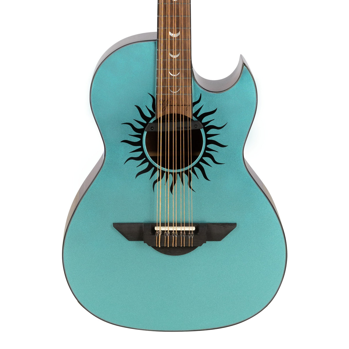 H. Jimenez LBQ1GXE-CN Cosmic Nebula Turquoise Sparkle Cutaway Acoustic Electric Bajo Quinto, front of the body with the lower fretboard