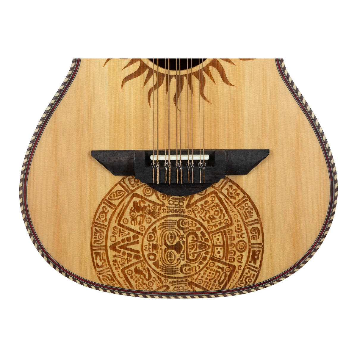 H. Jimenez LBQ1GXE-MC Mexica Calendar Satin Cutaway Acoustic Electric Bajo Quinto, close-up detail of the top and neck