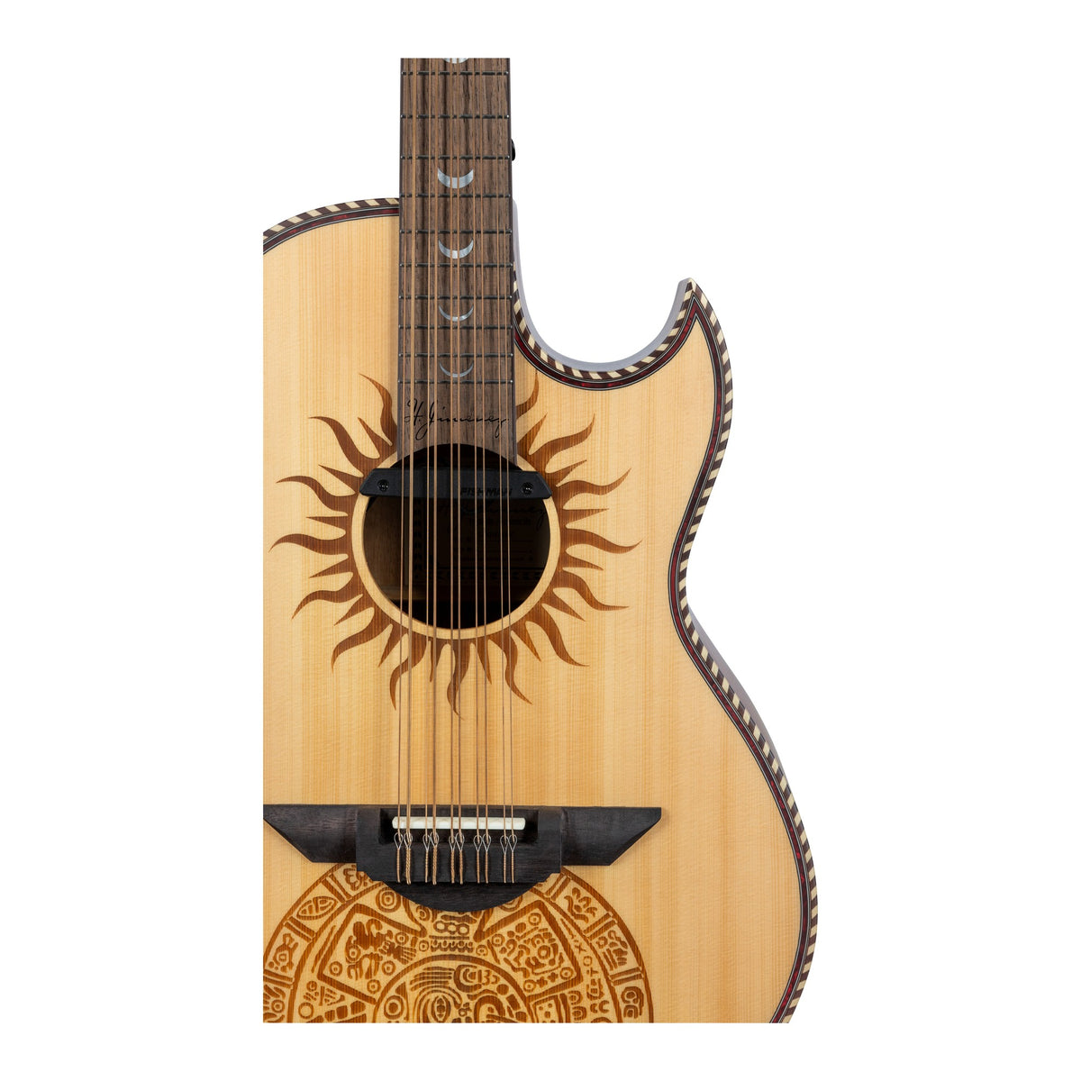 H. Jimenez LBQ1GXE-MC Mexica Calendar Satin Cutaway Acoustic Electric Bajo Quinto, close-up detail of the top and neck