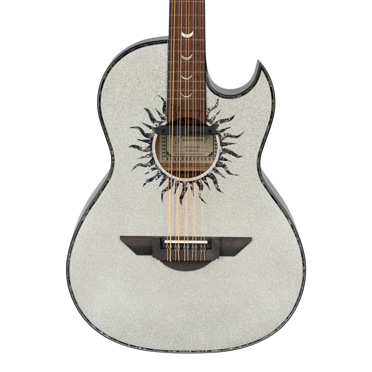 H. Jimenez LBQ1GXE-MD Moon Dust Silver Sparkle Cutaway Acoustic Electric Bajo Quinto, front of the body with the lower fretboard
