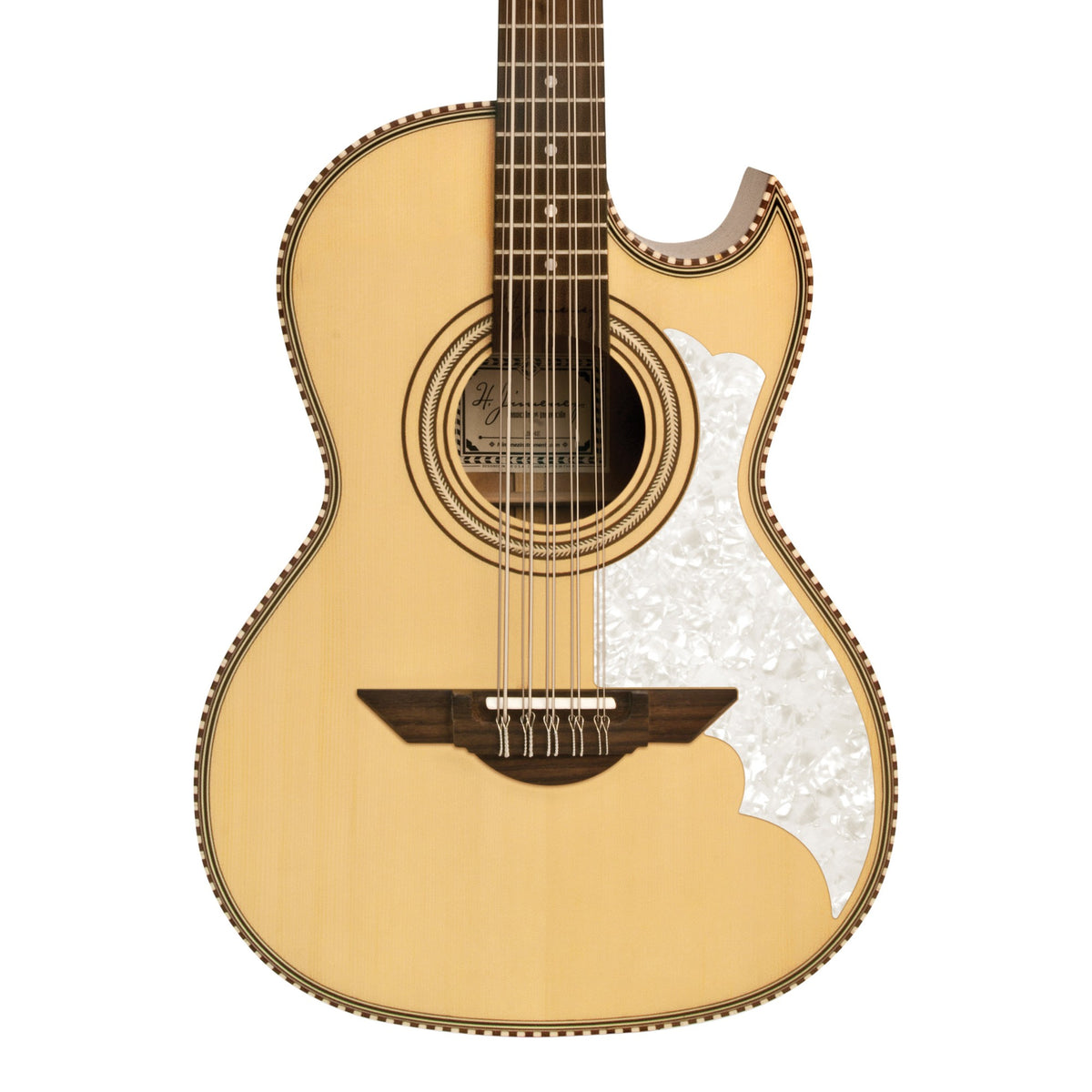 H. Jimenez LBQ2 El Músico Cutaway Bajo Quinto, front of the body with the lower fretboard