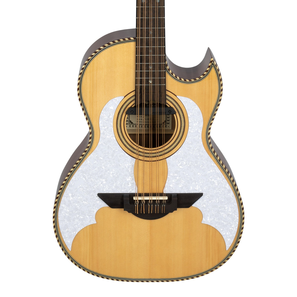 H. Jimenez LBQ3E El Murciélago Cutaway Acoustic Electric Bajo Quinto, front of the body with the lower fretboard