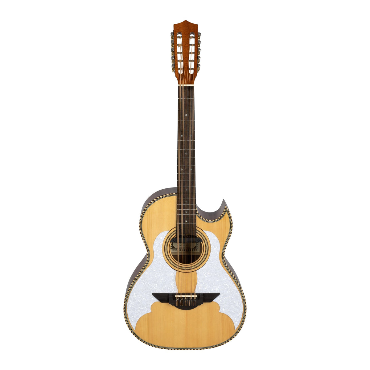 H. Jimenez LBQ3E El Murciélago Cutaway Acoustic Electric Bajo Quinto, full front view from headstock to end