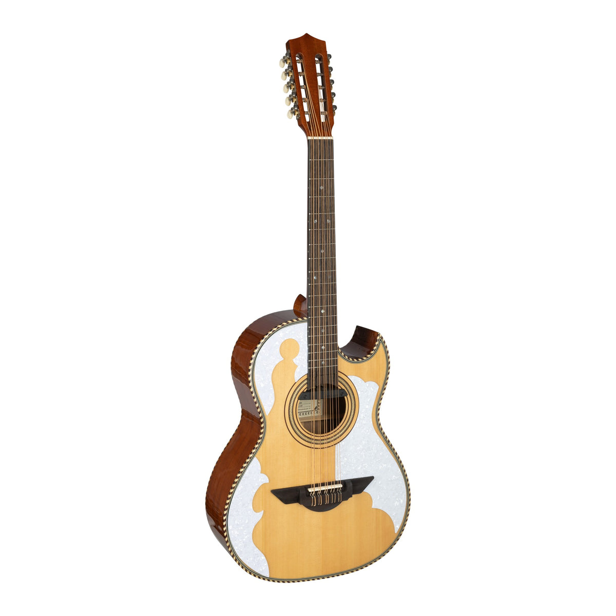 H. Jimenez LBQ4E El Patrón Cutaway Acoustic Electric Bajo Quinto, angled front view of the body