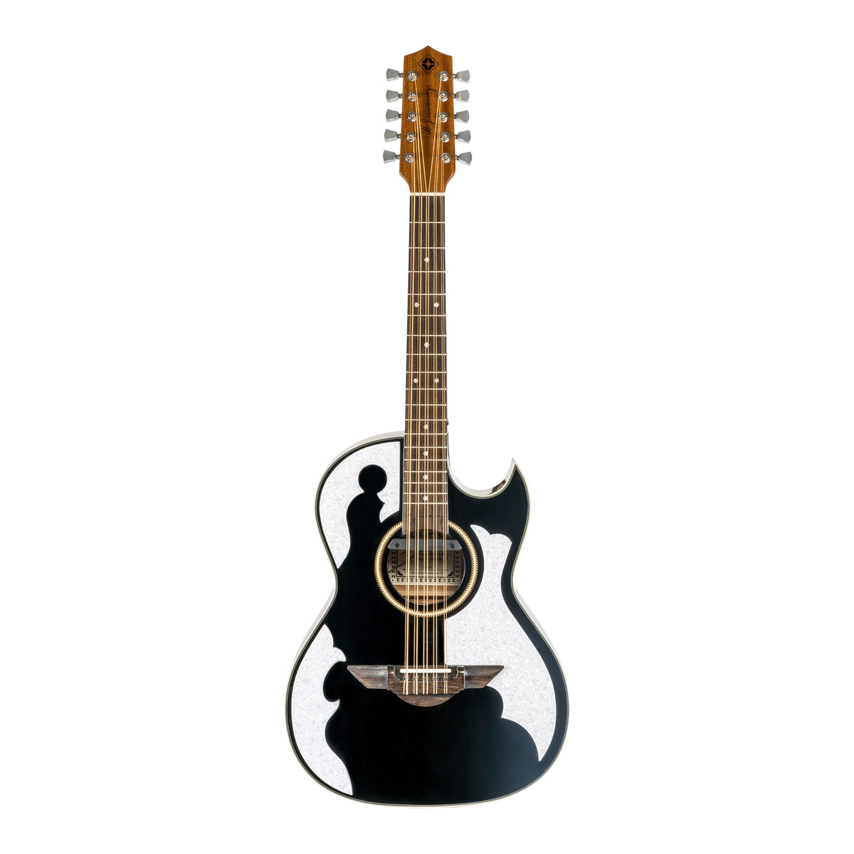 H. Jimenez LBQ4EBT Palomazo Black Top Cutaway Acoustic Electric Bajo Quinto, full front view from headstock to end