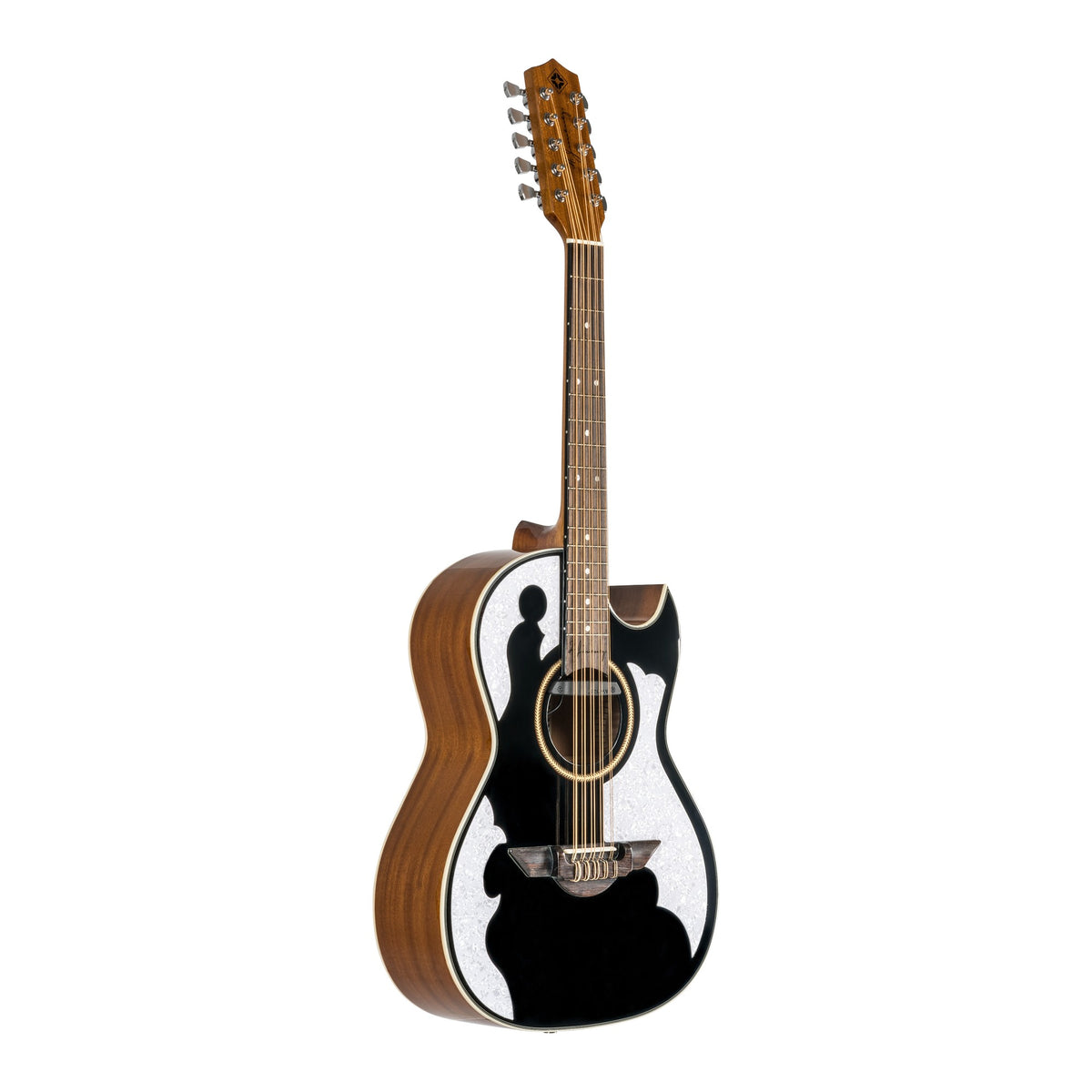 H. Jimenez LBQ4EBT Palomazo Black Top Cutaway Acoustic Electric Bajo Quinto, angled front view of the body