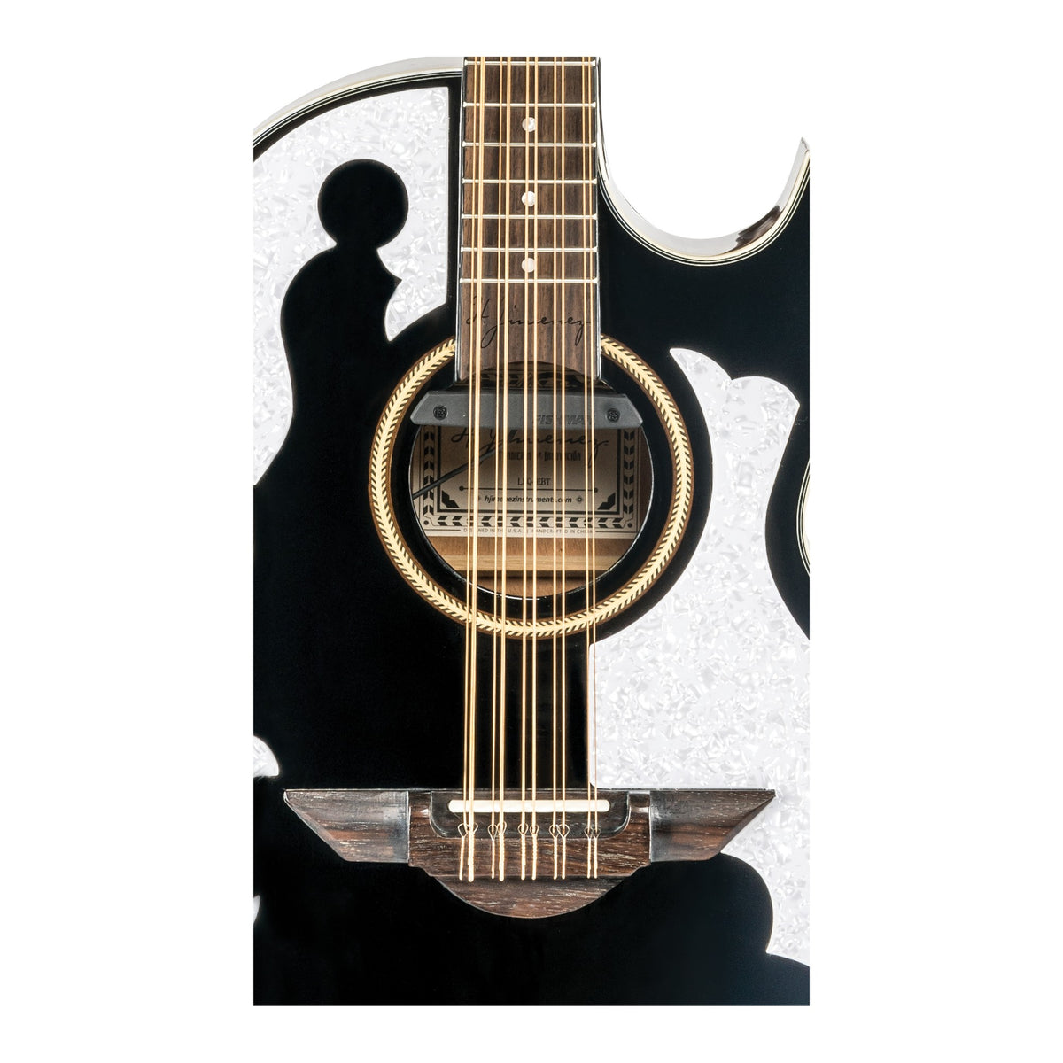 H. Jimenez LBQ4EBT Palomazo Black Top Cutaway Acoustic Electric Bajo Quinto, close-up of the soundhole, rosette and bridge