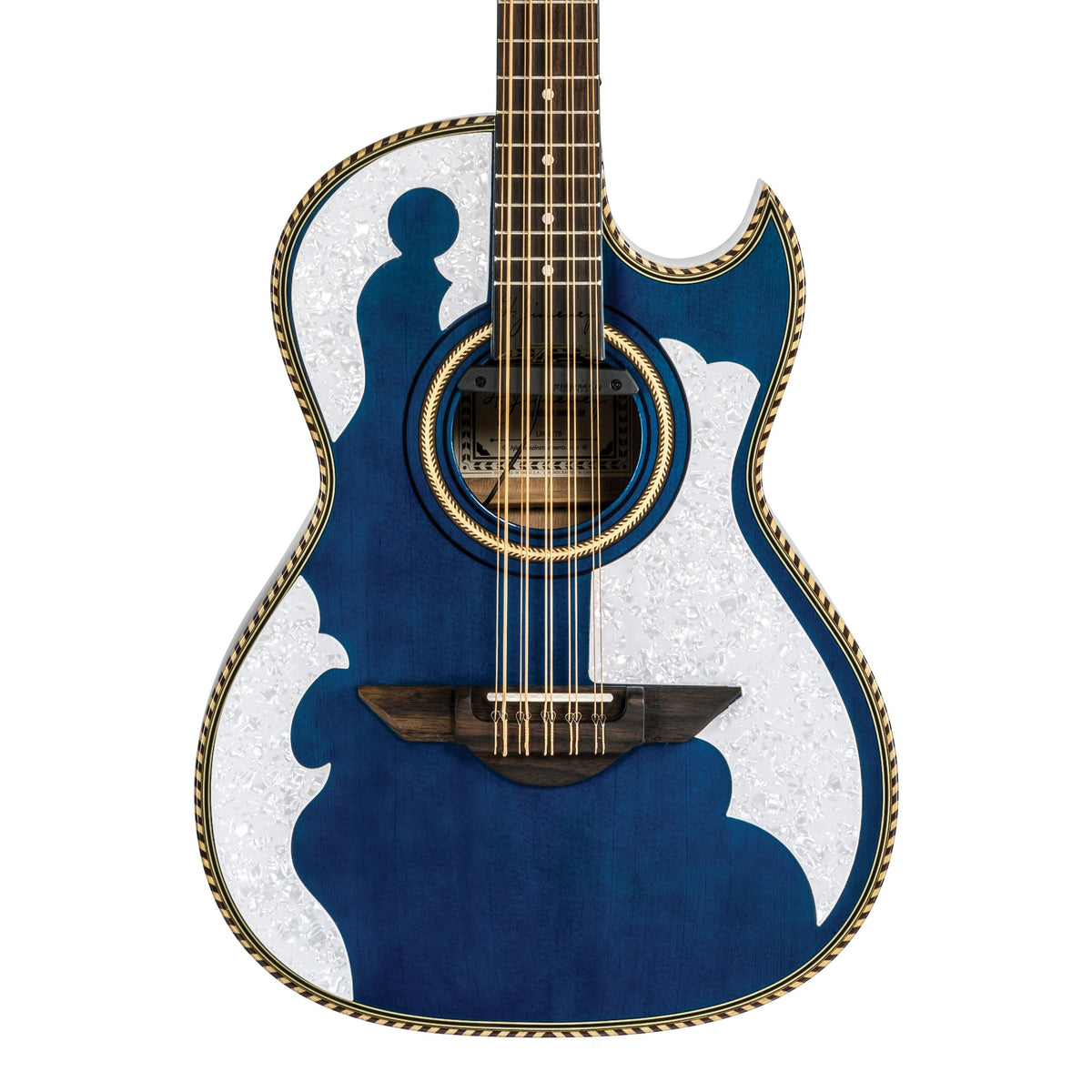 H. Jimenez LBQ4ETB Palomazo Trans Blue Cutaway Acoustic Electric Bajo Quinto, front of the body with the lower fretboard