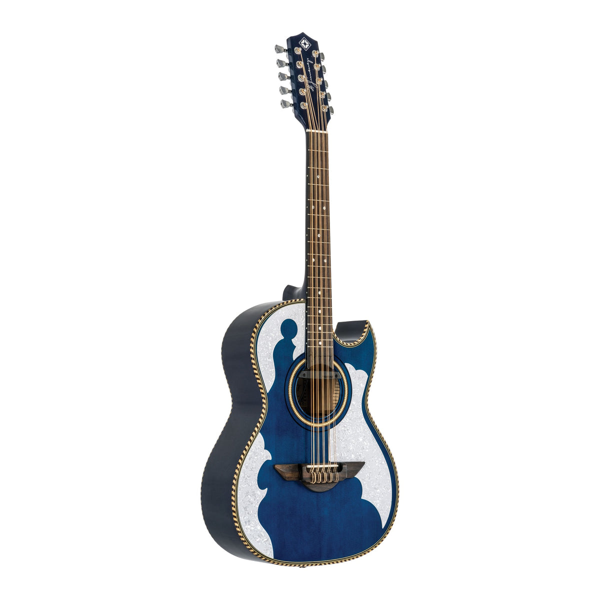 H. Jimenez LBQ4ETB Palomazo Trans Blue Cutaway Acoustic Electric Bajo Quinto, angled front view of the body