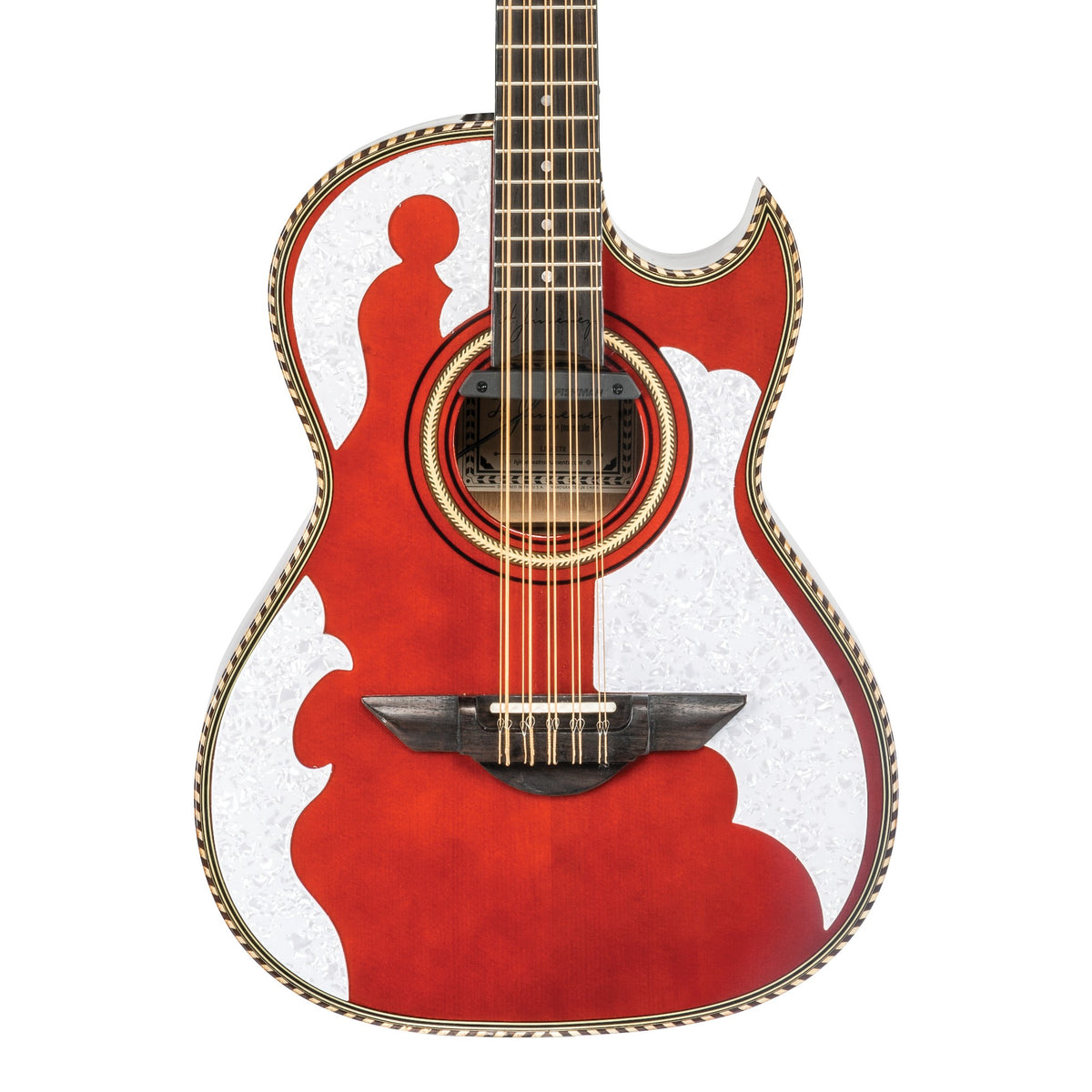 H. Jimenez LBQ4ETR Palomazo Trans Red Cutaway Acoustic Electric Bajo Quinto, front of the body with the lower fretboard