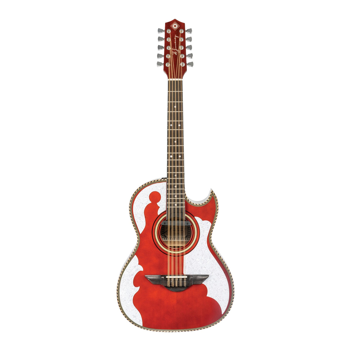 H. Jimenez LBQ4ETR Palomazo Trans Red Cutaway Acoustic Electric Bajo Quinto, full front view from headstock to end