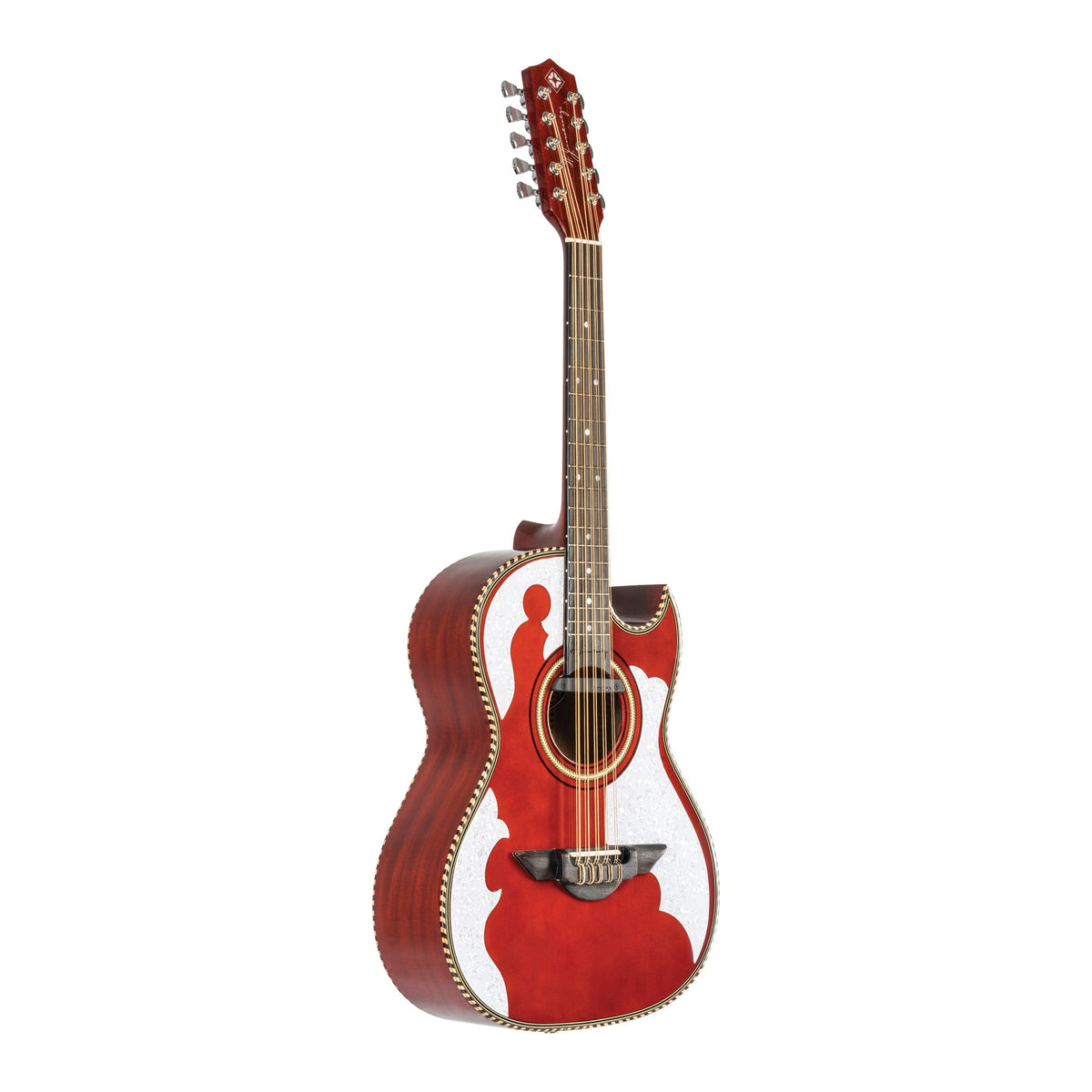 H. Jimenez LBQ4ETR Palomazo Trans Red Cutaway Acoustic Electric Bajo Quinto, angled front view of the body