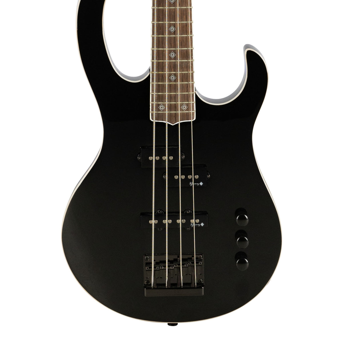 H. Jimenez LBS4-BK Camaleón 4-String Electric Bass Guitar - Black, front of the body with the lower fretboard