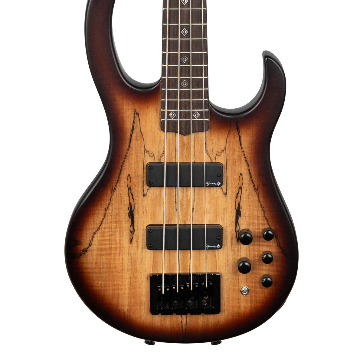 H. Jimenez LBS4-SB Camaleón 4-String Electric Bass Guitar - Spalt Burst, front of the body with the lower fretboard