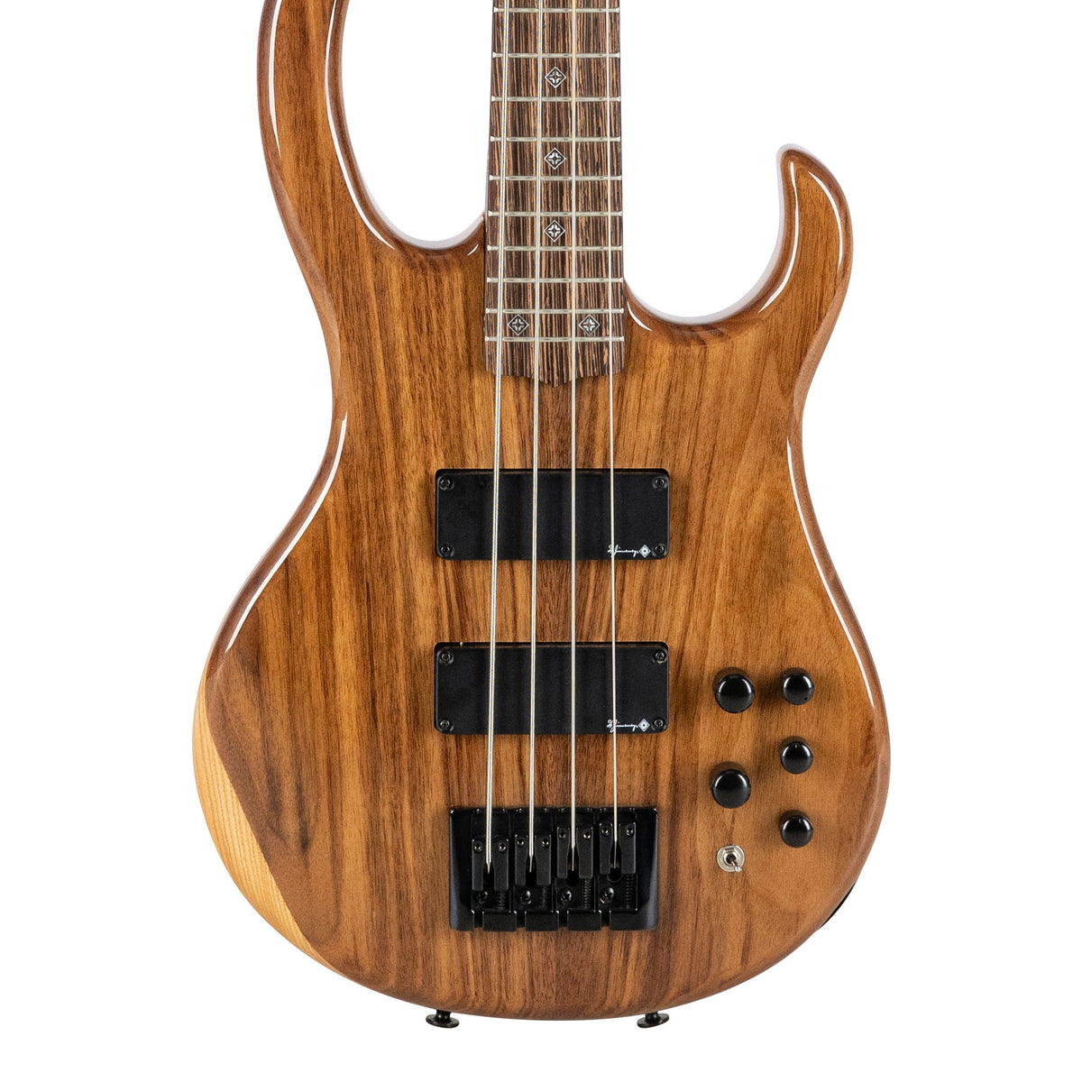 H. Jimenez LBS4-WT Camaleón 4-String Electric Bass Guitar - Natural Walnut Top, front of the body with the lower fretboard
