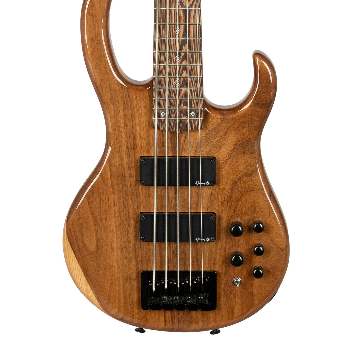 H. Jimenez LBS5-WT Camaleón 5-String Electric Bass Guitar - Natural Walnut Top, front of the body with the lower fretboard
