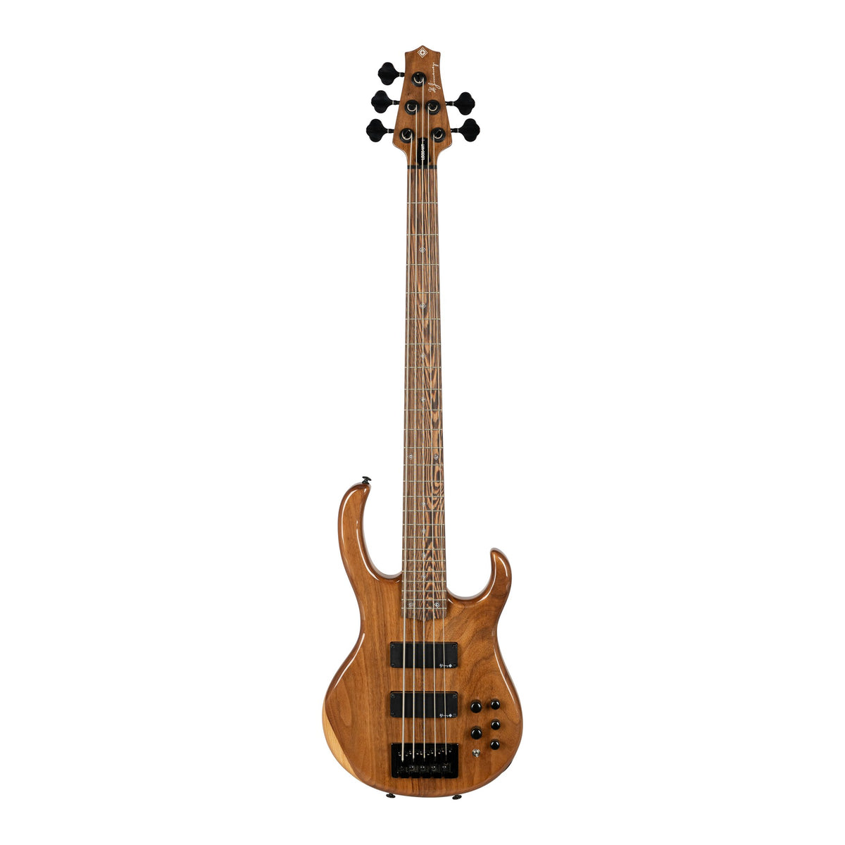 H. Jimenez LBS5-WT Camaleón 5-String Electric Bass Guitar - Natural Walnut Top, full front view from headstock to end