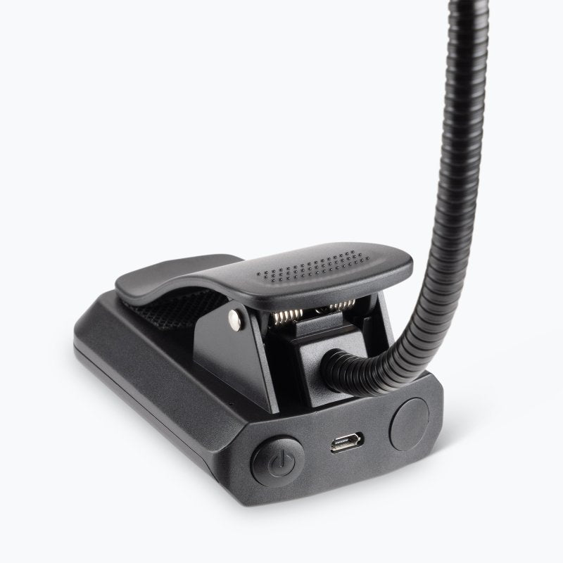 Close-up of the On-Stage LED518 clip base with power button and USB charging port