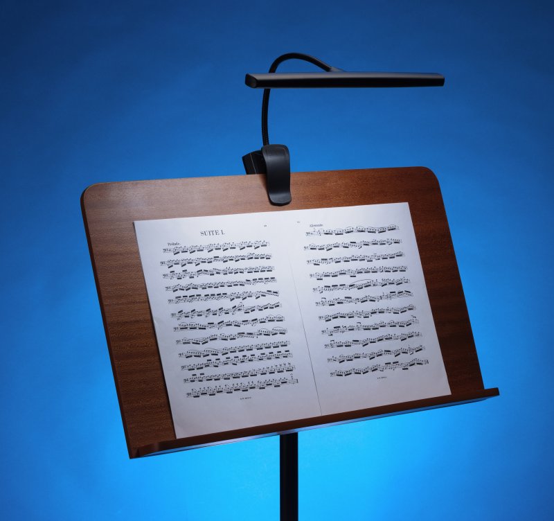 On-Stage LED518 lighting two pages of sheet music on a music stand