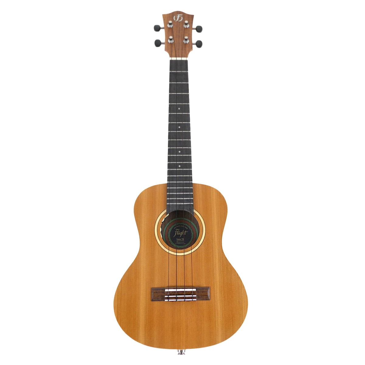The full front view shows the thinline tenor body and solid cedar top of the Flight Leia TE Tenor Ukulele.
