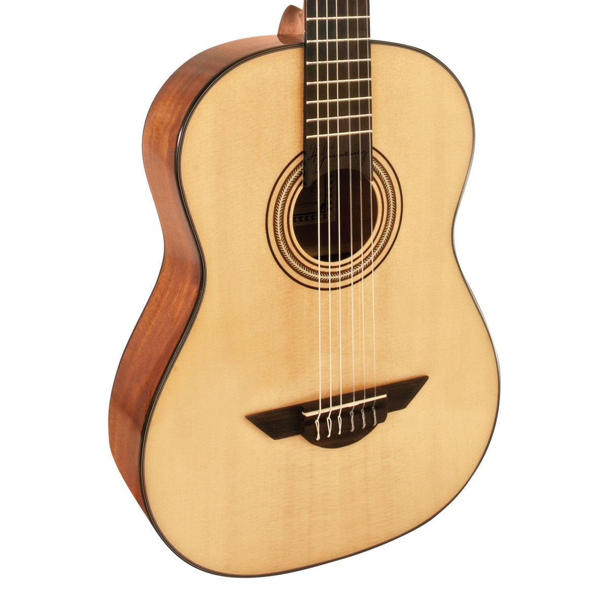 H. Jimenez LG1 Voz Fuerte Full Size Nylon String Guitar, angled front view of the body