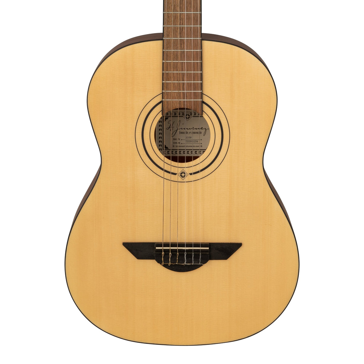 H. Jimenez LG100 Educativo Full Size Nylon String Guitar, front of the body with the lower fretboard