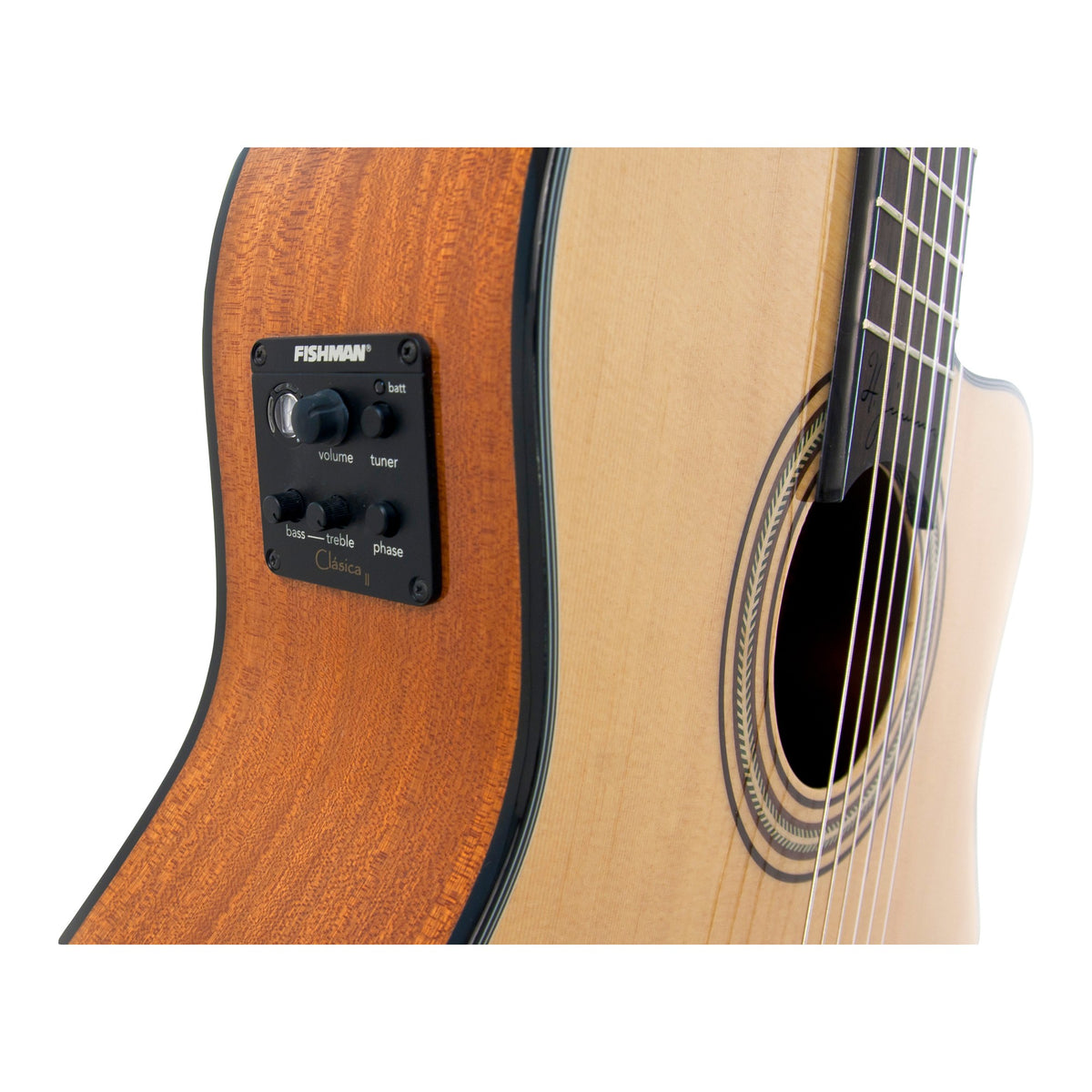 H. Jimenez LG3CE El Maestro Cutaway Nylon String Acoustic Electric Guitar, preamp controls and soundhole close-up
