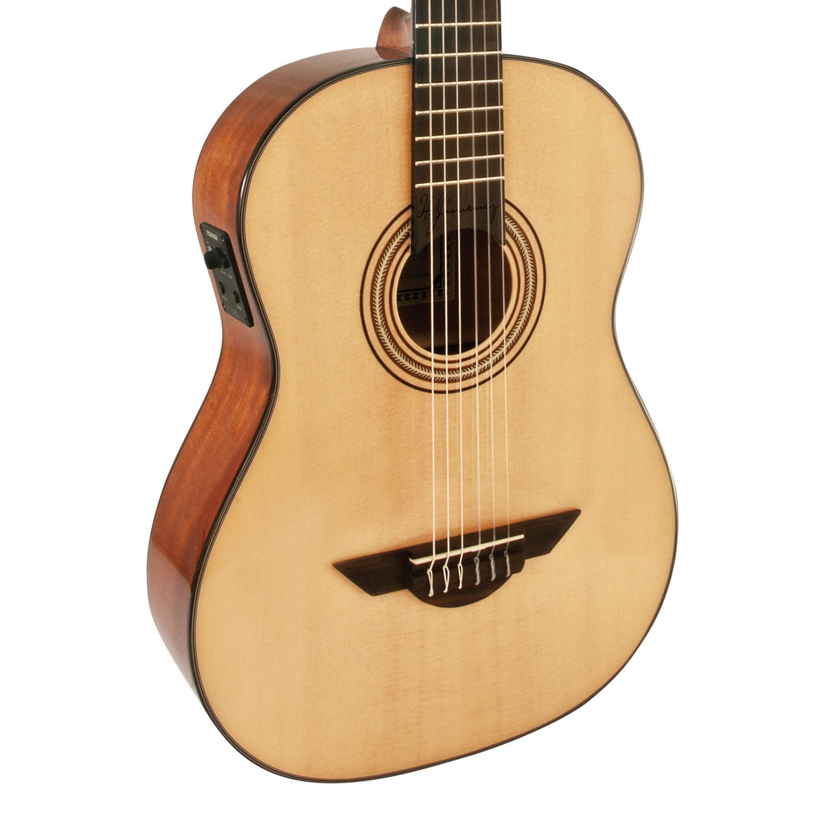 H. Jimenez LG3E El Maestro Nylon String Acoustic Electric Guitar, angled front view of the body