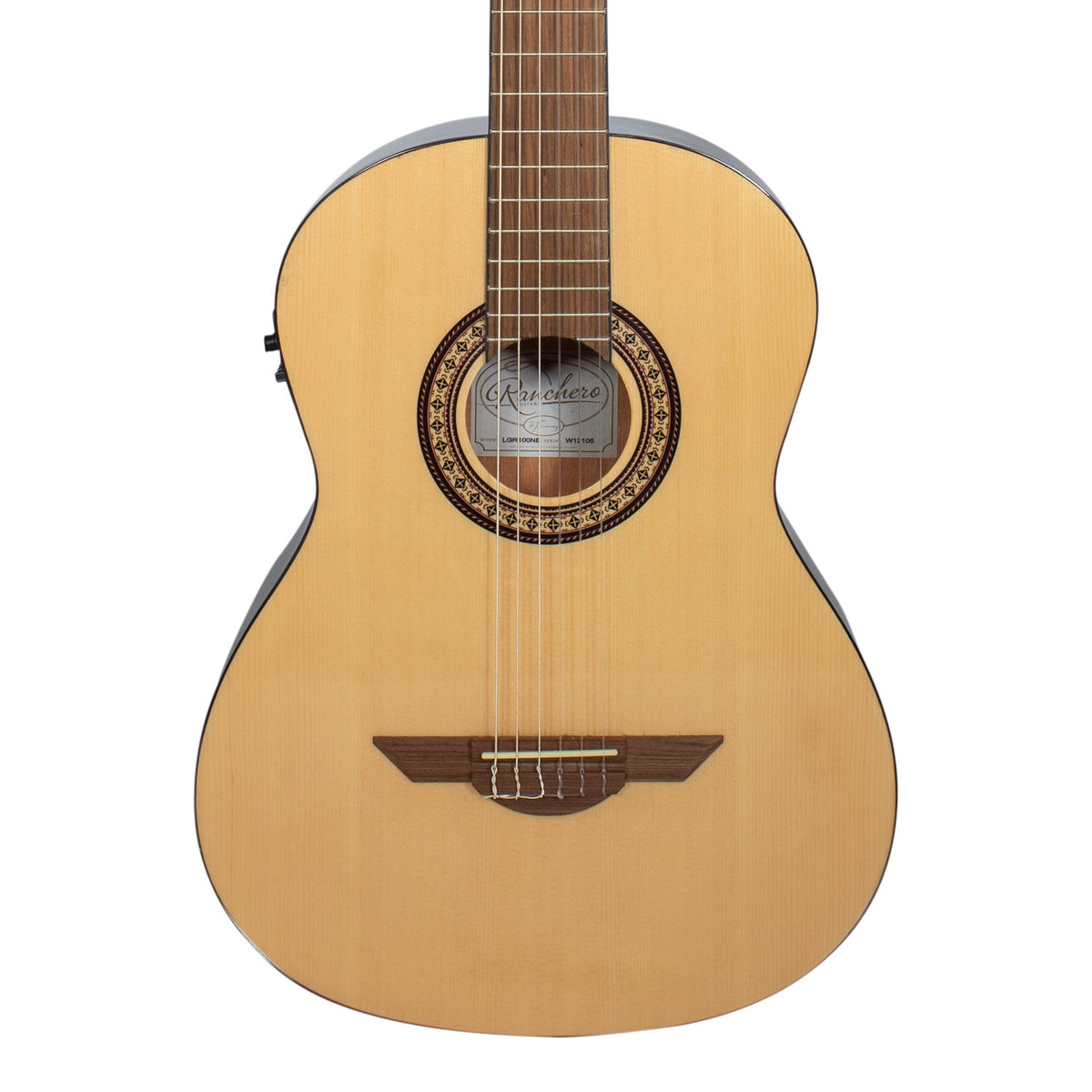 H. Jimenez LGR100NE Ranchero Series Full Size Nylon String Guitar with Pickup, front of the body with the lower fretboard