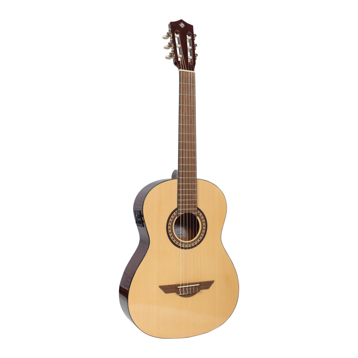 H. Jimenez LGR100NE Ranchero Series Full Size Nylon String Guitar with Pickup, angled front view of the body
