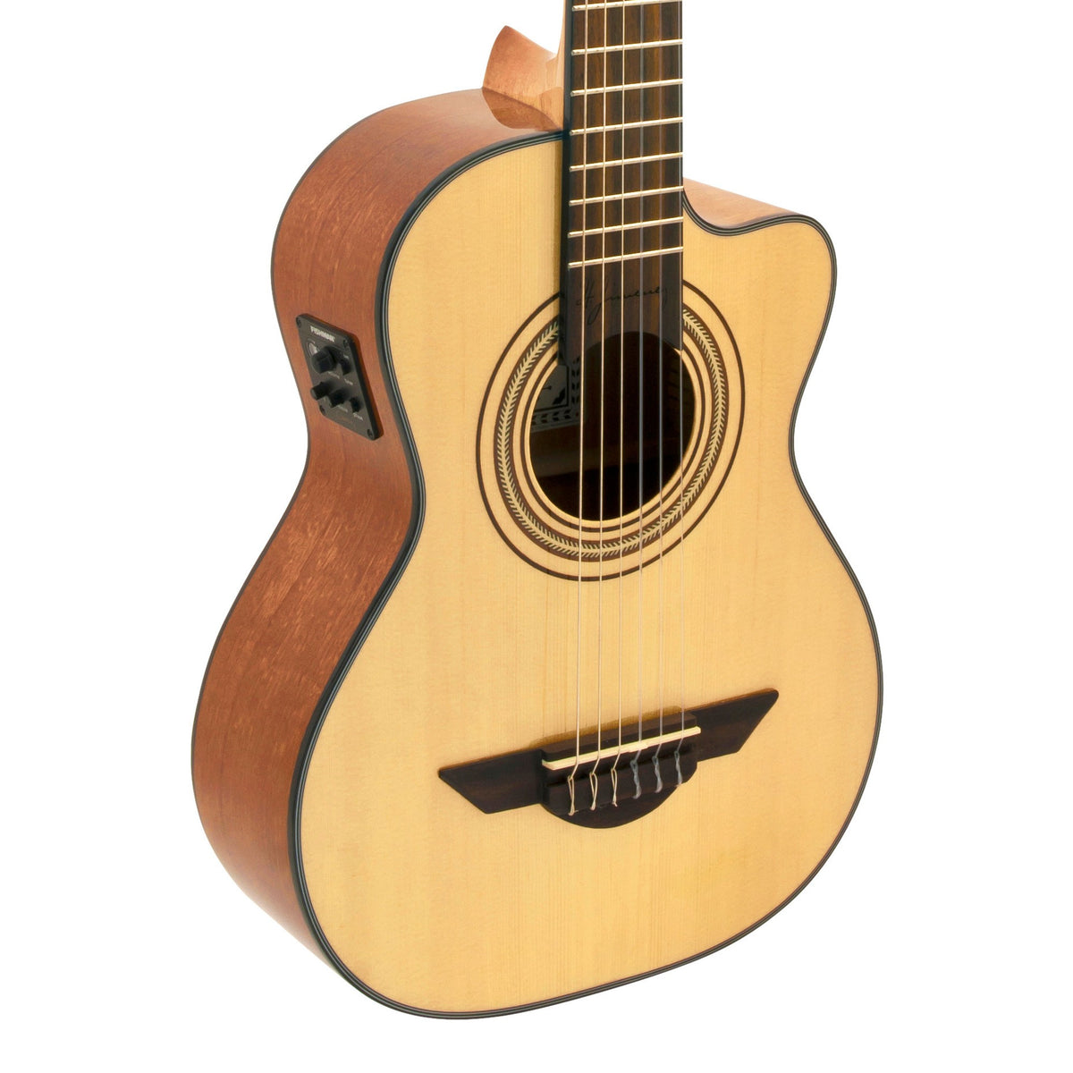 H. Jimenez LR2CE Voz de Trío Cutaway Acoustic Electric Requinto, front of the body with the lower fretboard