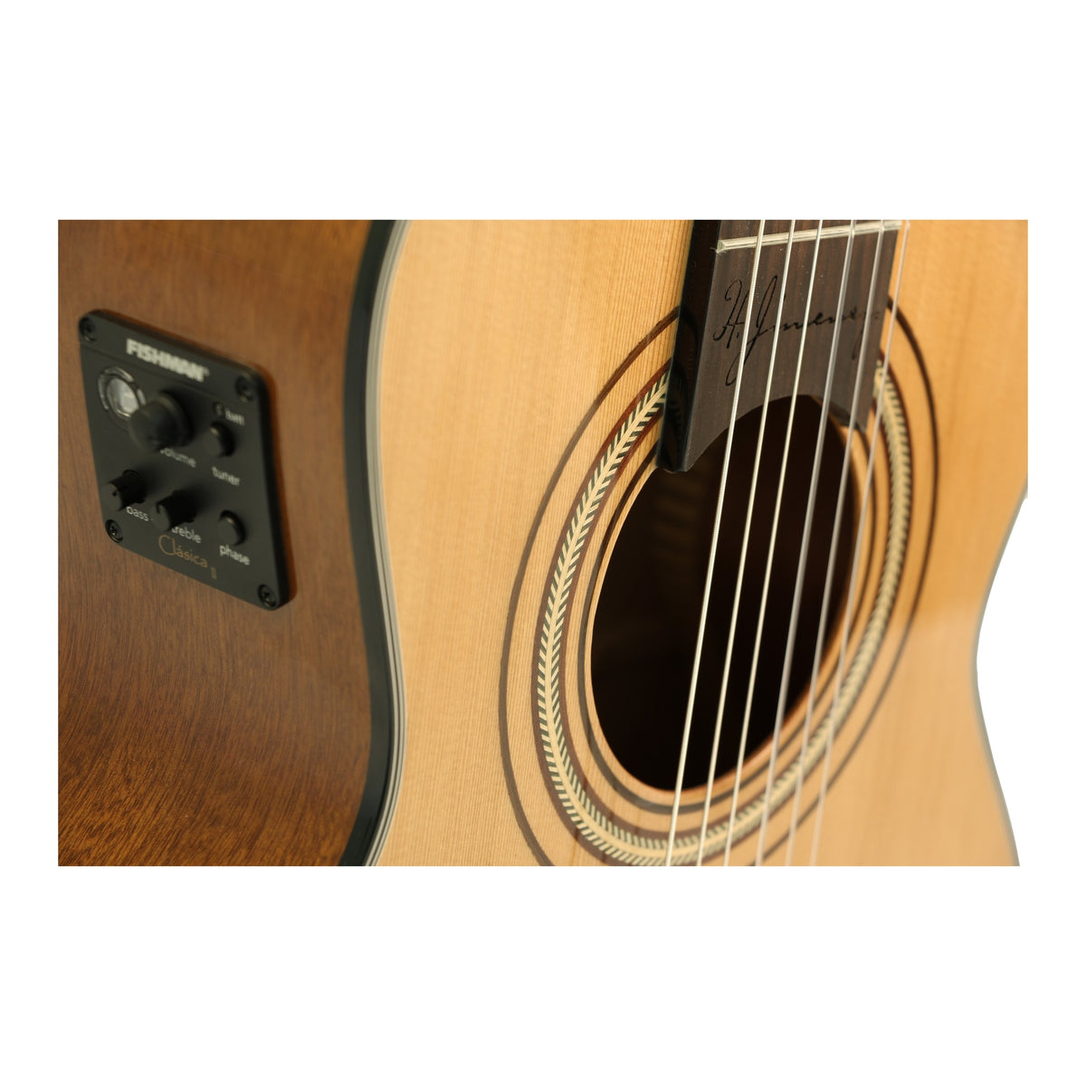 H. Jimenez LR2CE Voz de Trío Cutaway Acoustic Electric Requinto, preamp controls and soundhole close-up