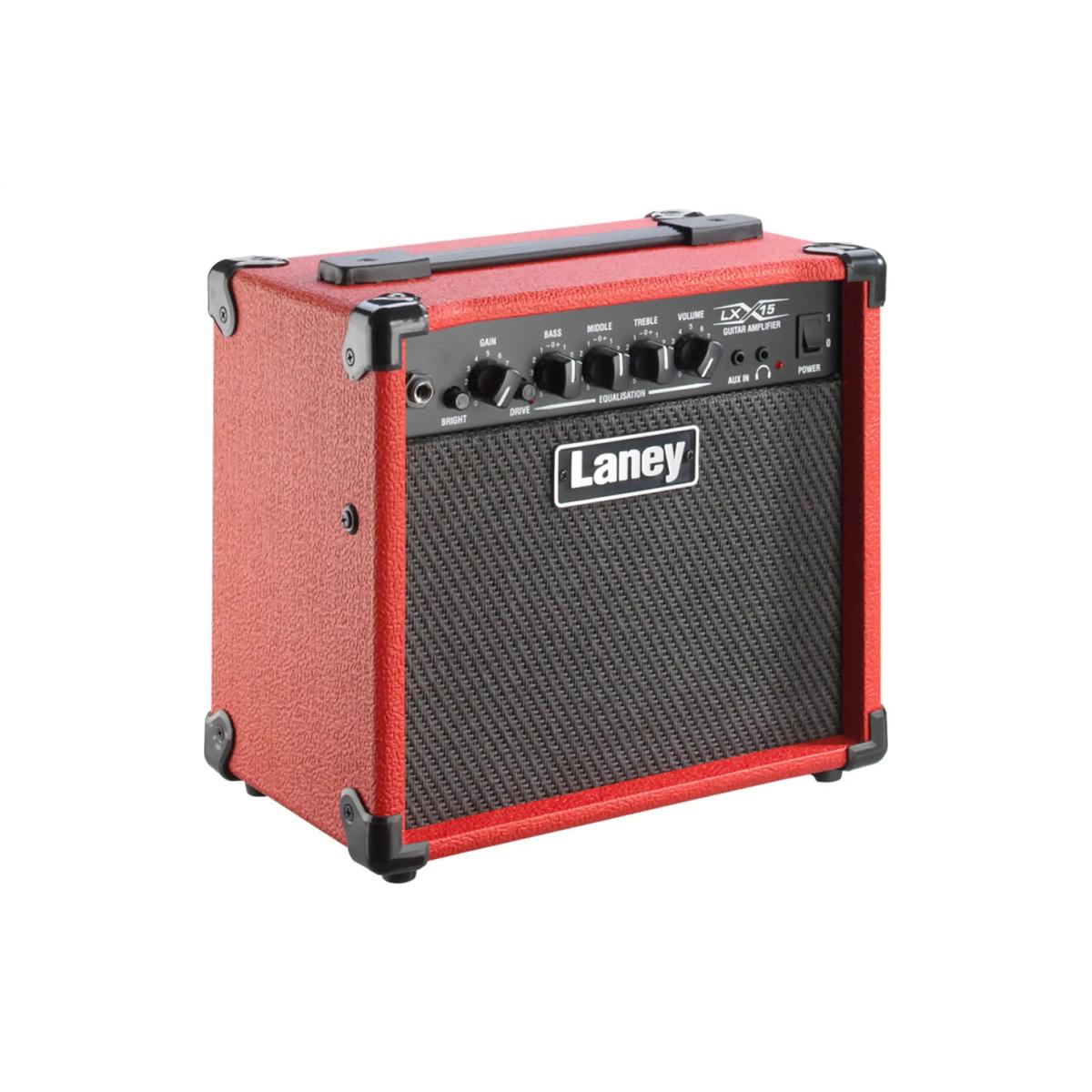 Laney LX15 red 15W combo amp, angled view from the left
