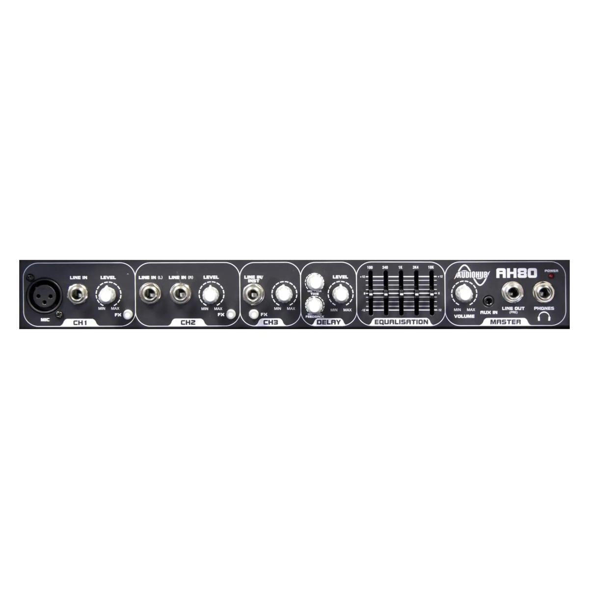 Laney AH80 control panel close-up with channel inputs, delay controls, 5-band graphic EQ and master section