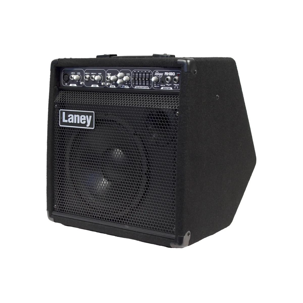 Laney AH80 Audiohub combo amp angled front view with 10-inch speaker grille and top control panel