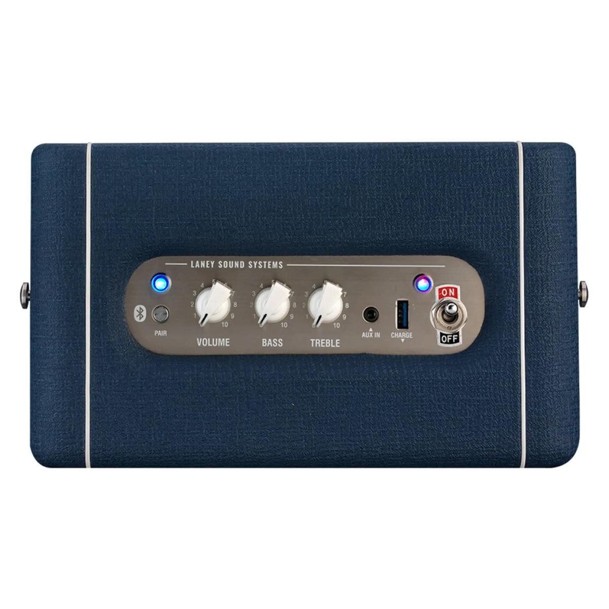 Top control panel of the Laney F67 Lionheart with volume, bass and treble knobs, aux in, USB charge port and power switch