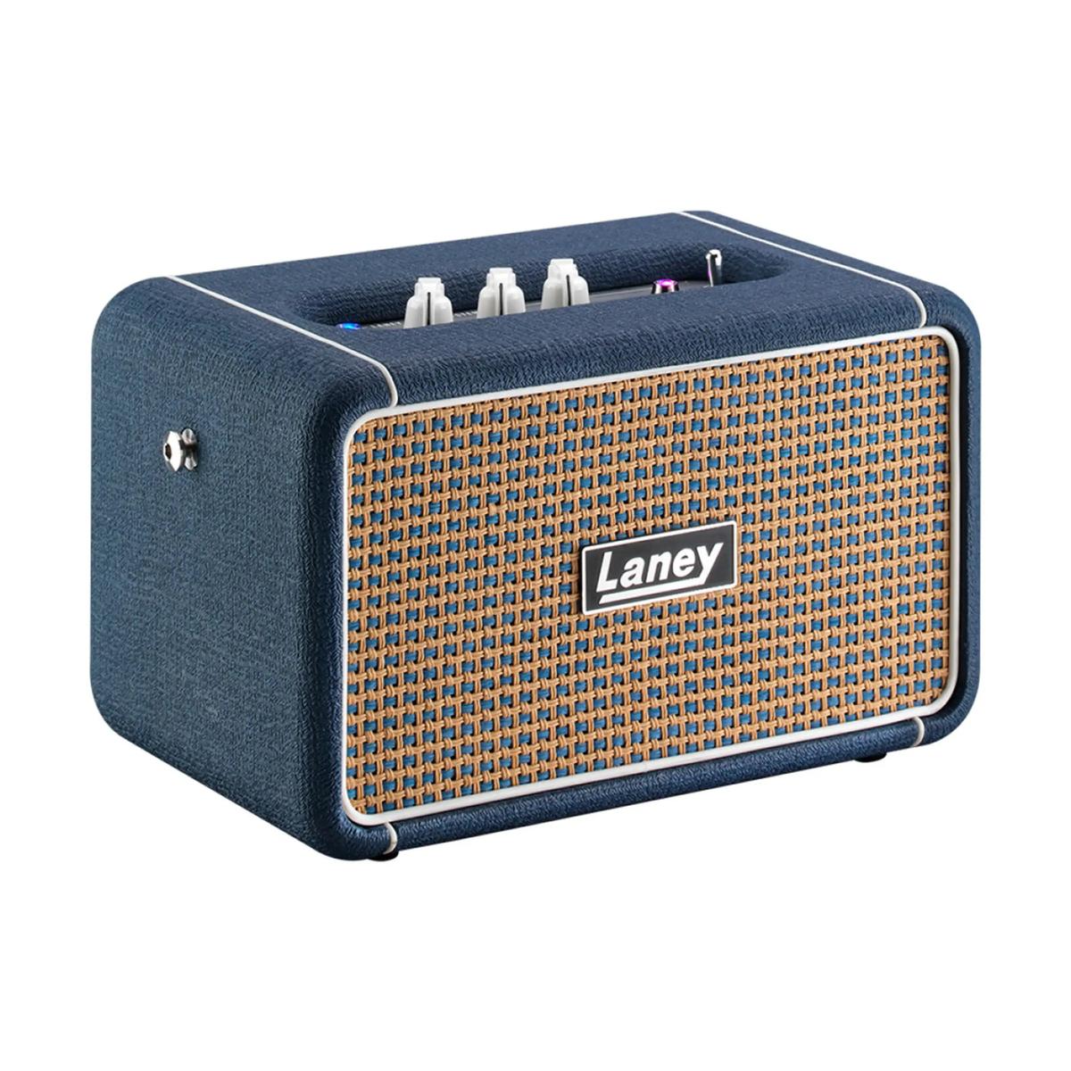 Laney F67 Lionheart speaker three-quarter view showing blue cabinet and top controls
