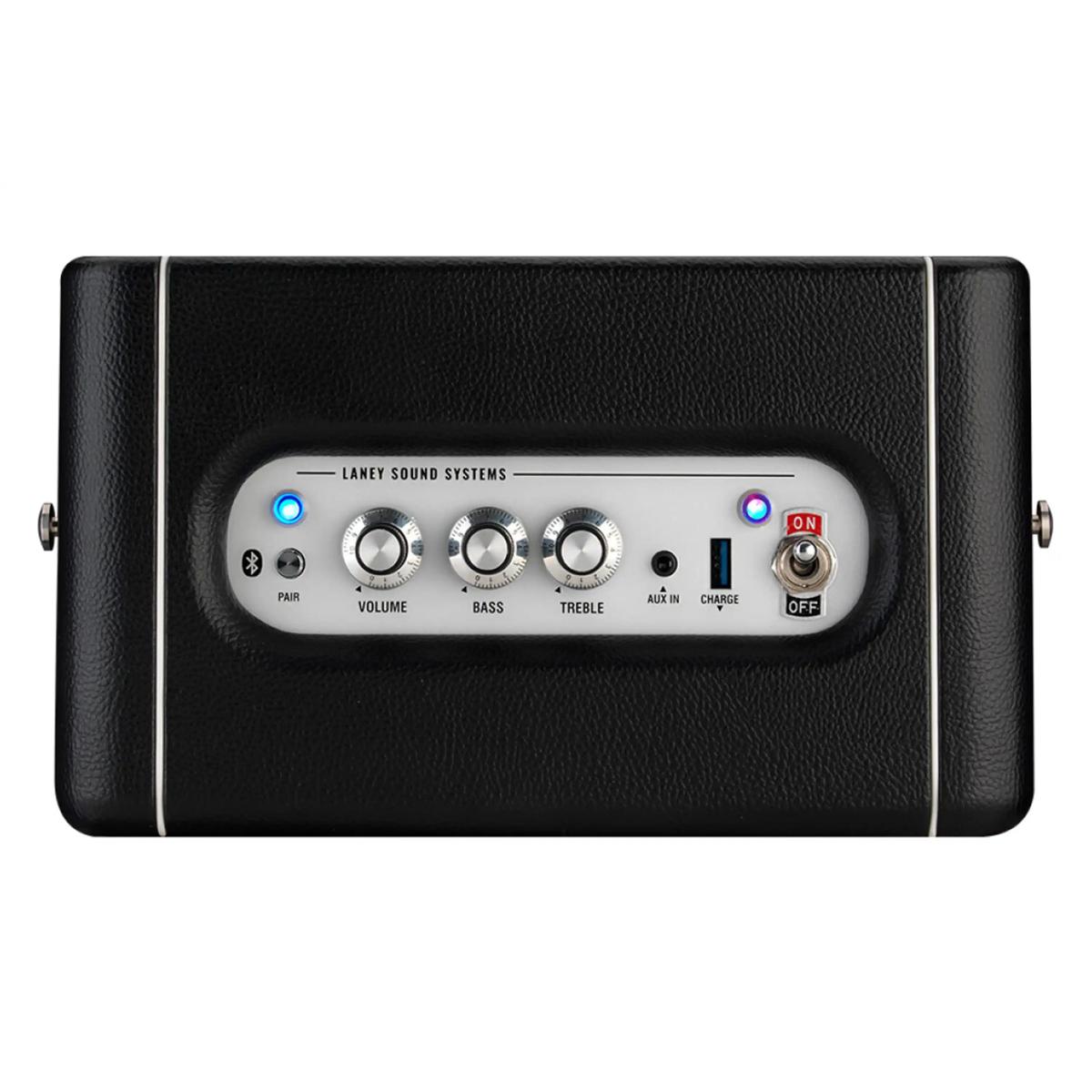 Top control panel of the Laney F67 Supergroup with volume, bass and treble knobs, aux in, USB charge port and power switch