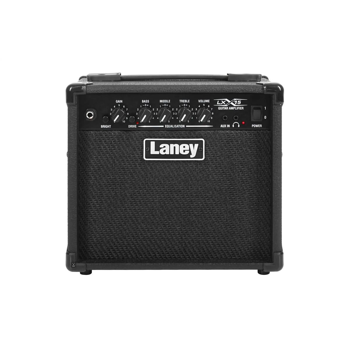 Laney LX15 black 15W electric guitar combo amp, front with Laney badge