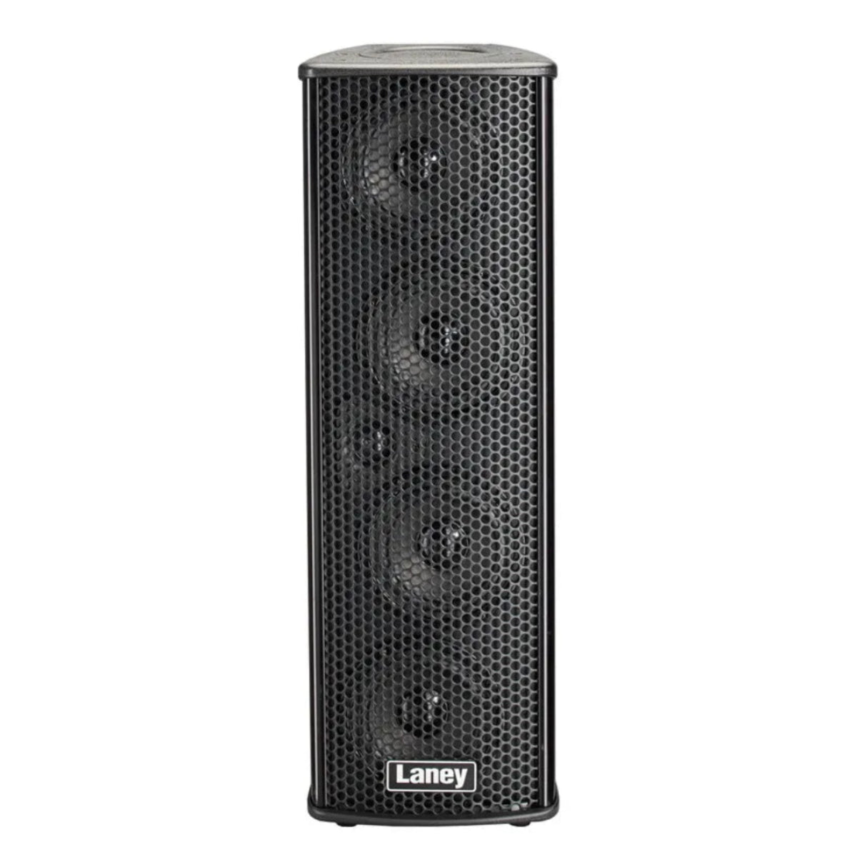 Laney AH4X4 Audiohub portable PA speaker, front view of the tall black tower with four 4-inch woofers