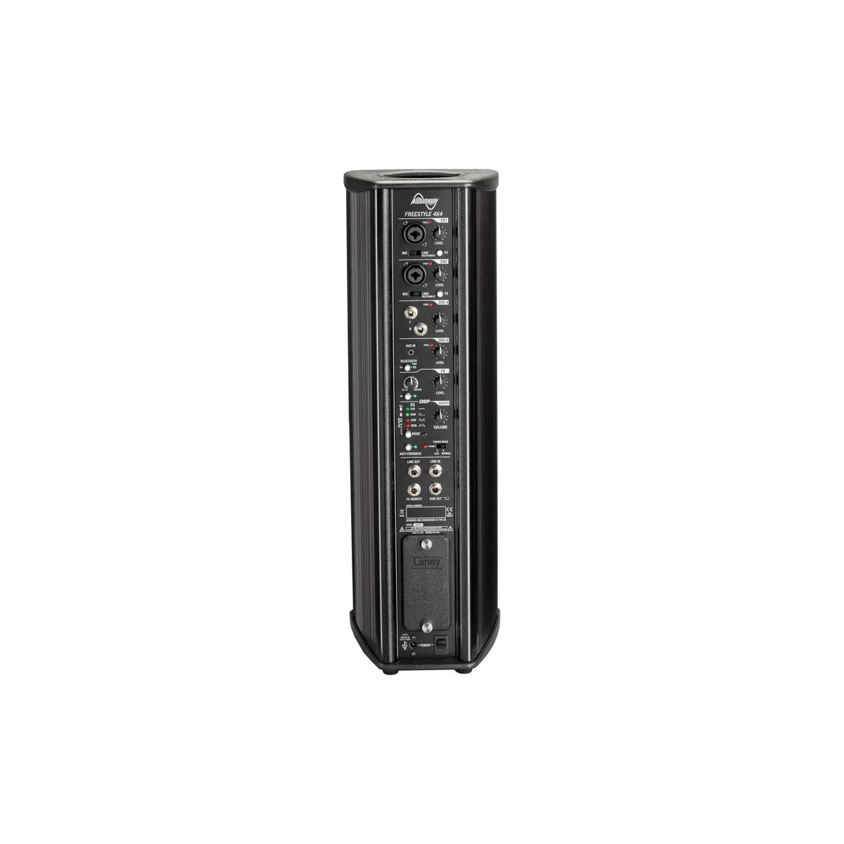 Rear control panel of the Laney AH4X4 with inputs, channel controls and battery compartment