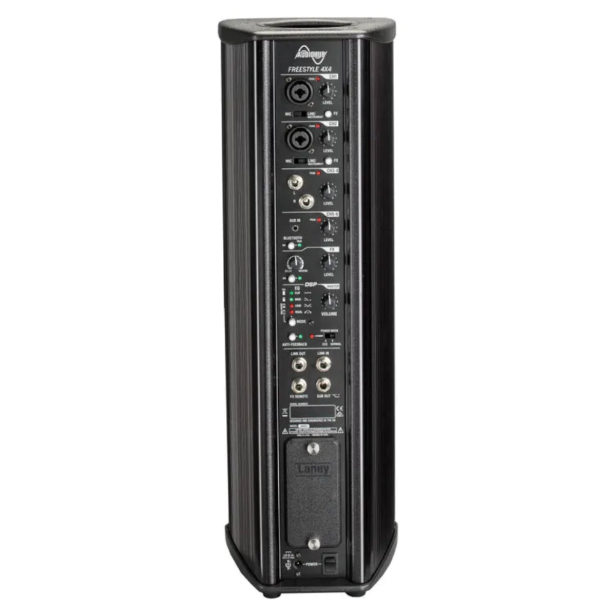 Rear control panel of the Laney AH4X4 with inputs, channel controls and battery compartment