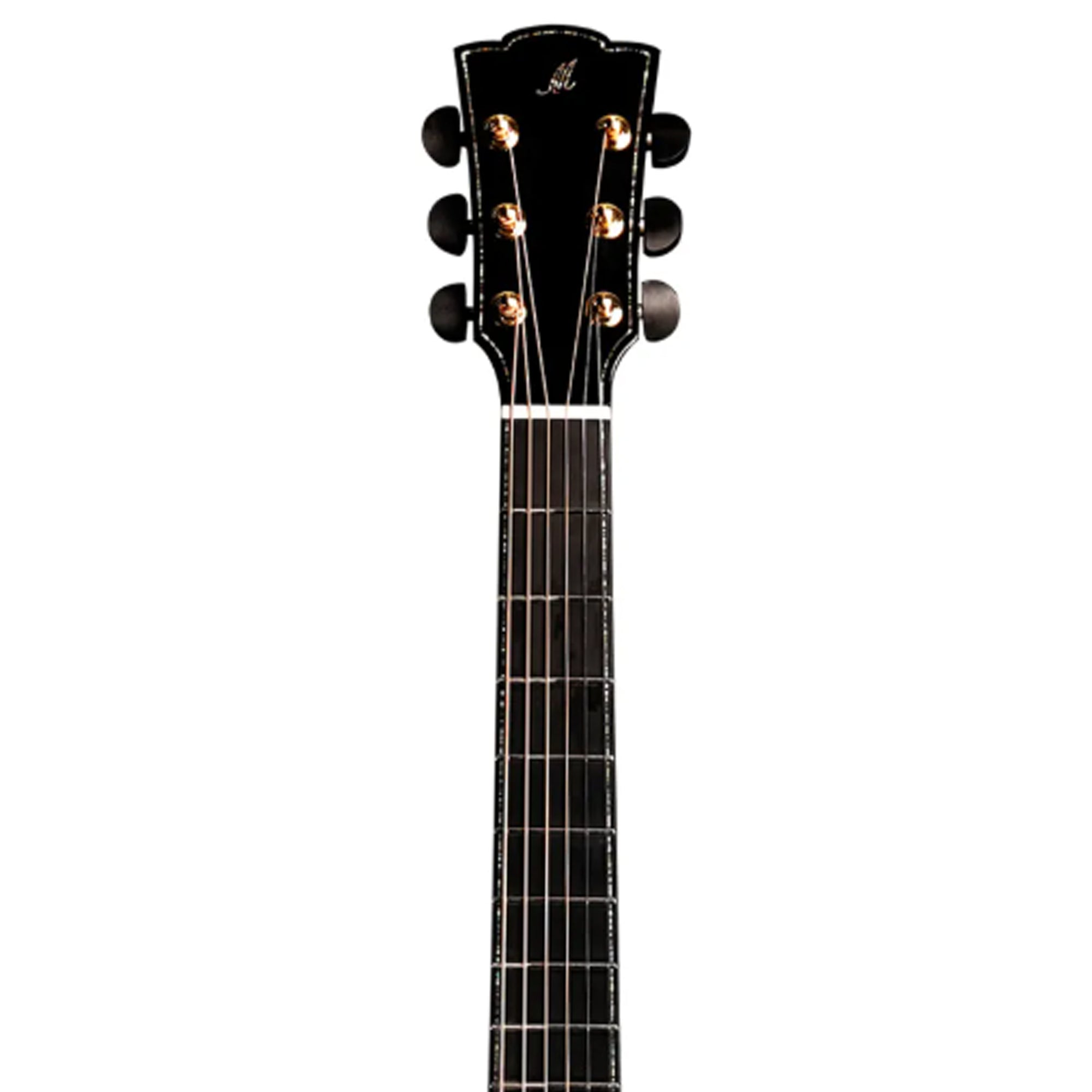 Close-up of a guitar headstock and upper neck, shown vertically against a plain white background. The headstock is glossy black with six gold tuning pegs and a small white script logo near the top center.