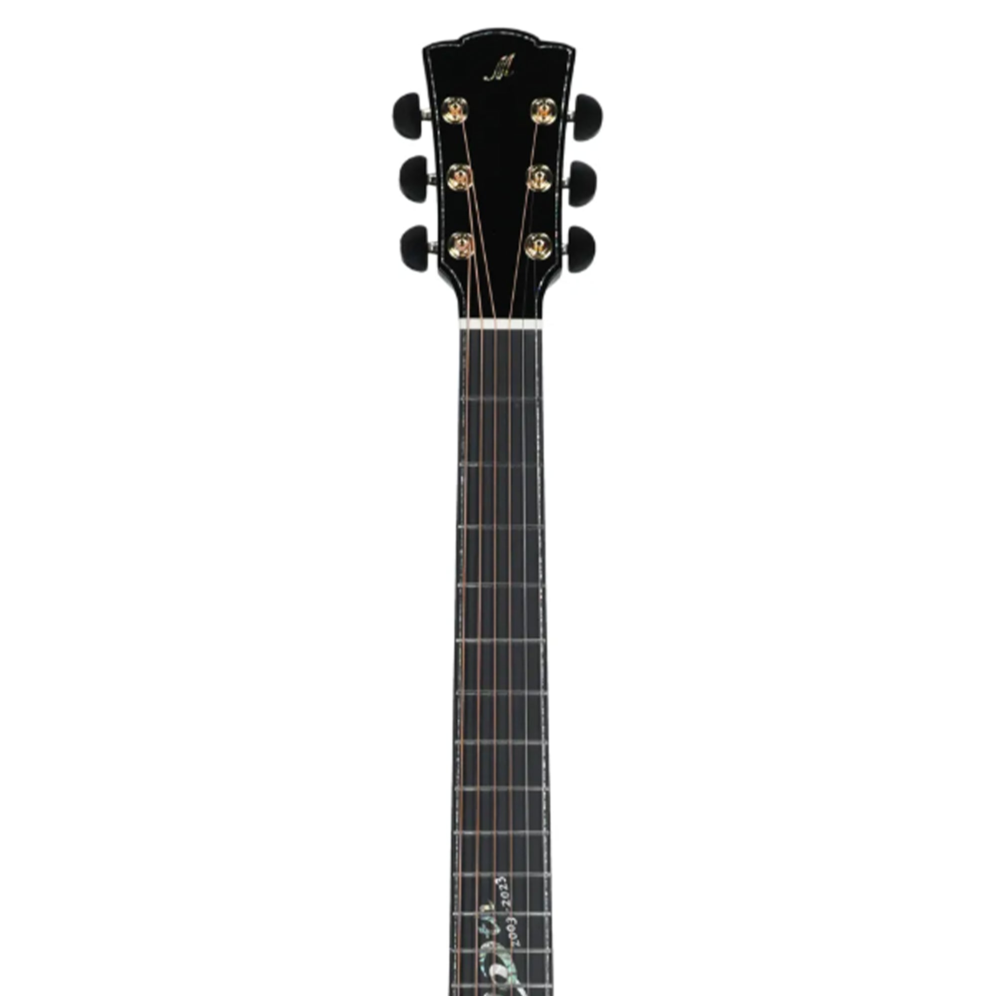 Close-up of a guitar headstock and upper neck, shown against a plain white background. The headstock is black with gold tuning pegs and a stylized script logo at the top.