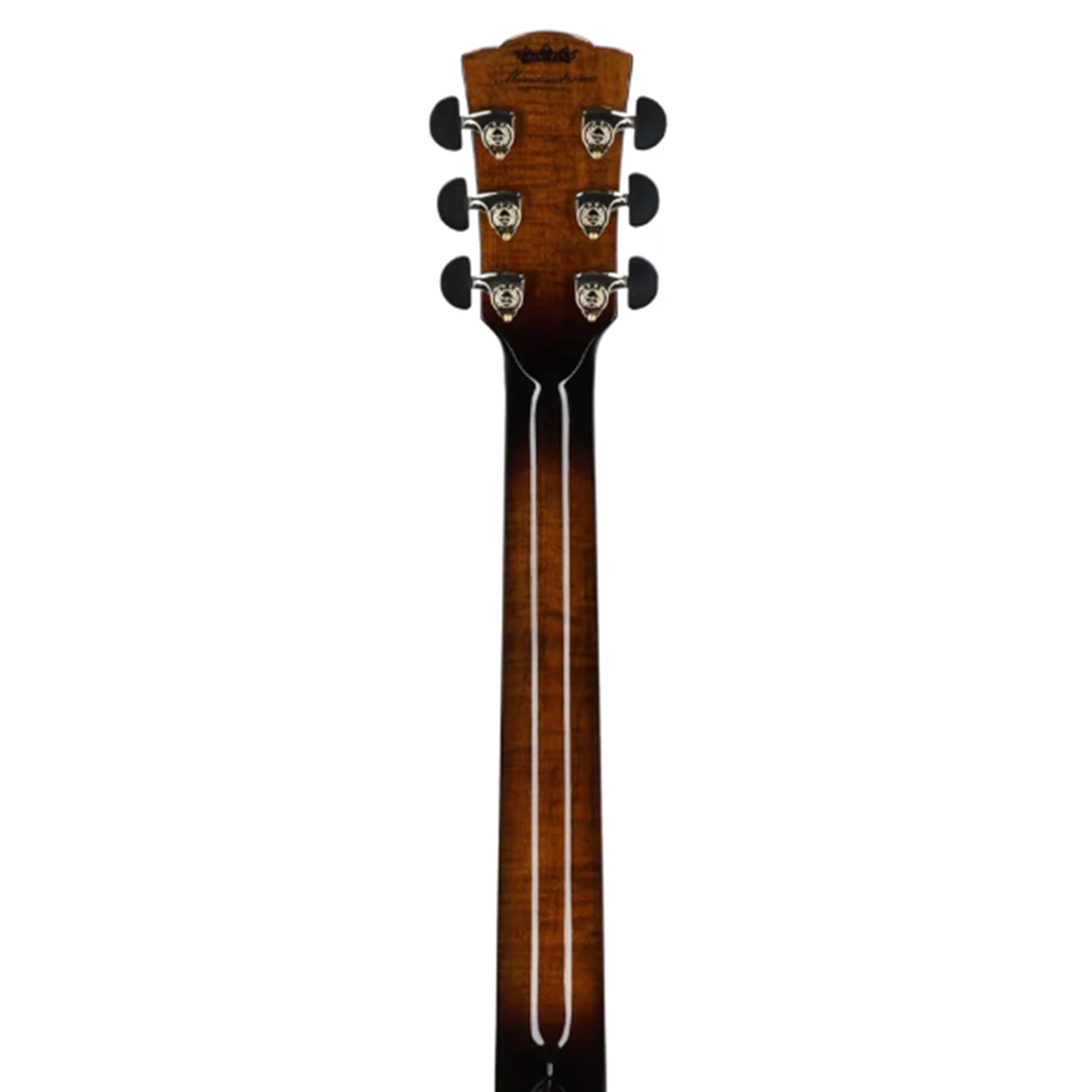 Close-up of the headstock and upper neck of a guitar, showing six tuning pegs and a dark brown to black gradient finish on a white background.