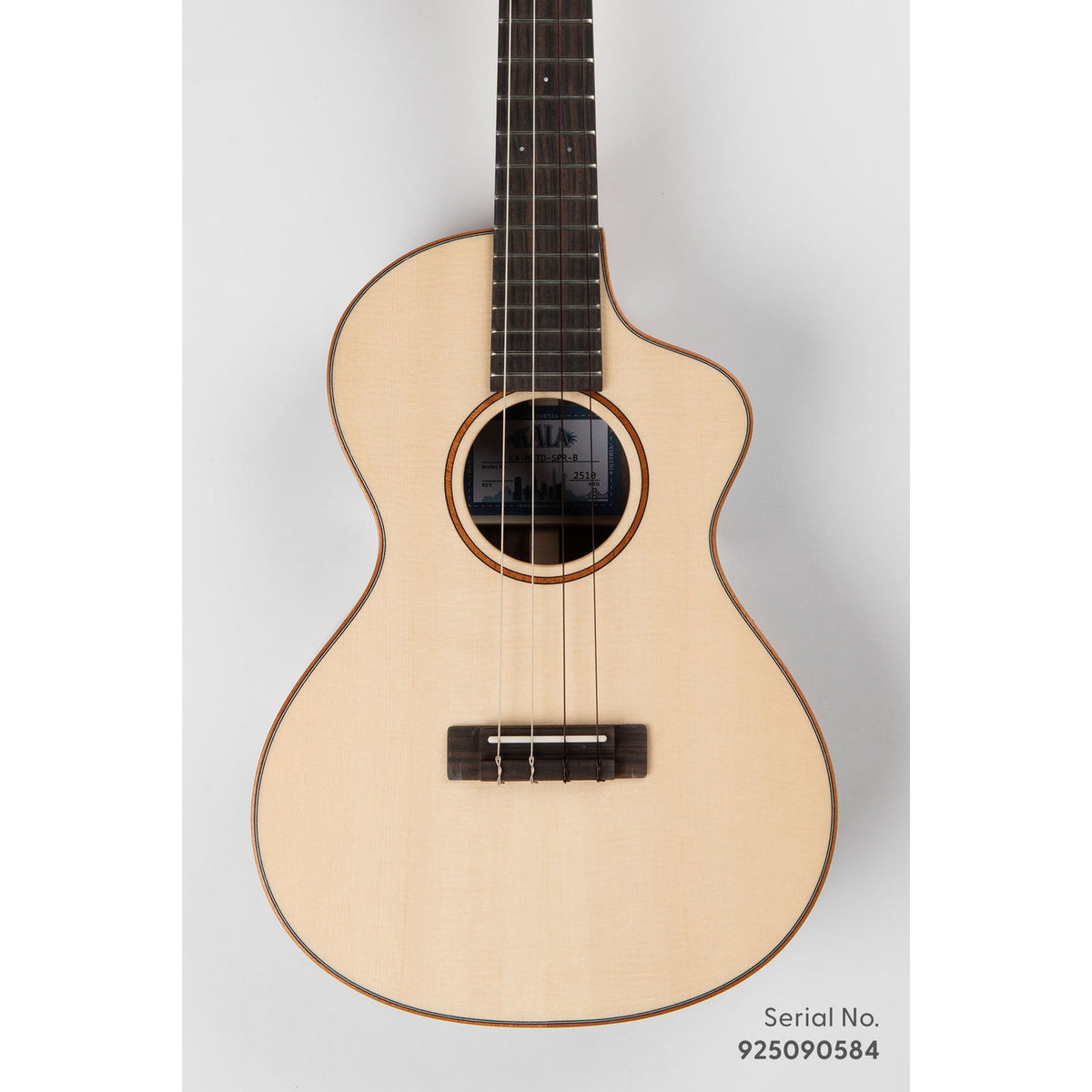 Kala METD-SPR-B Metropolitan Deluxe baritone ukulele, serial 925090584, front view showing the solid spruce top and mahogany rosette