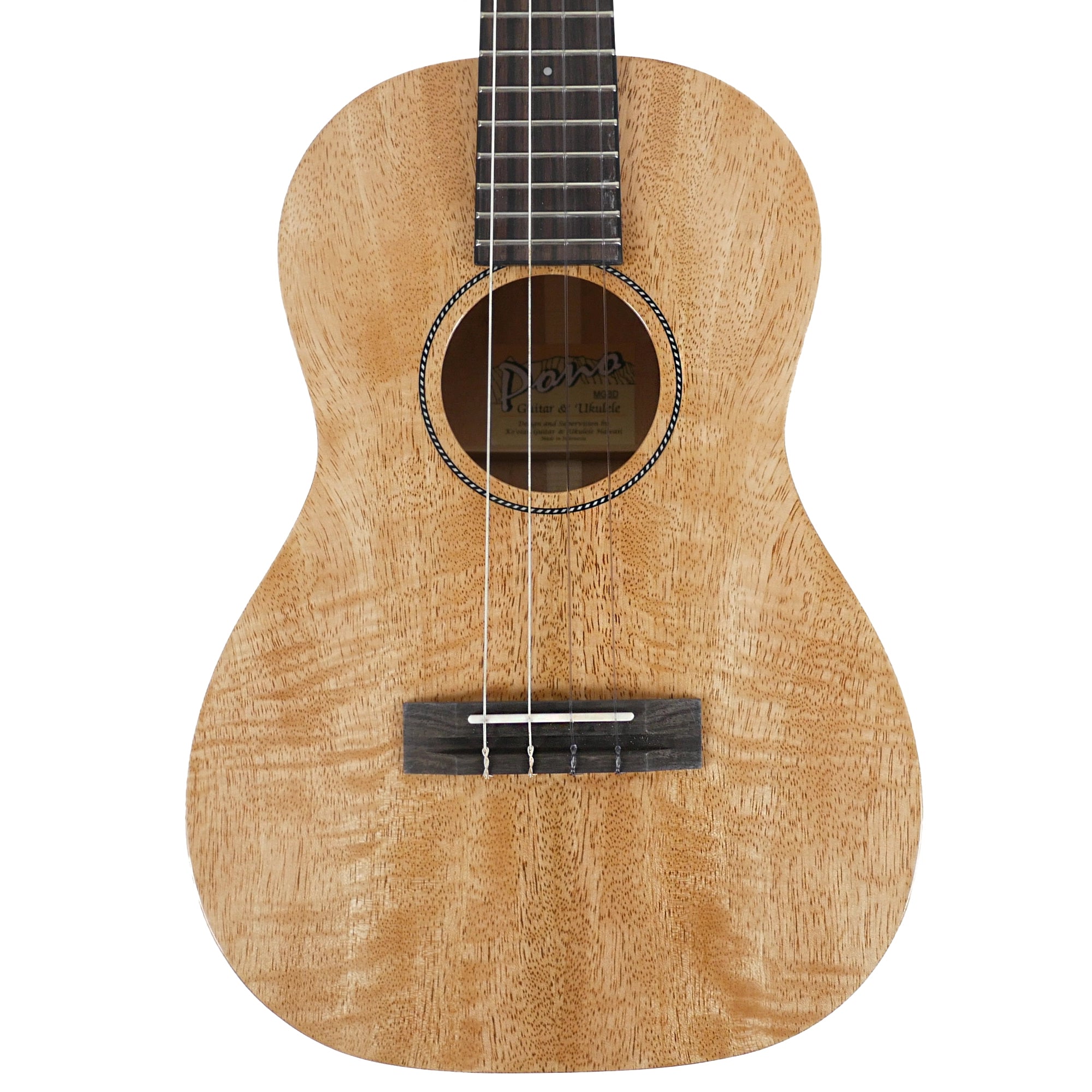 A close-up studio shot of a Pono MGBD ukulele front, showing a solid mango wood body with a visible 'Pono' logo on the soundboard.