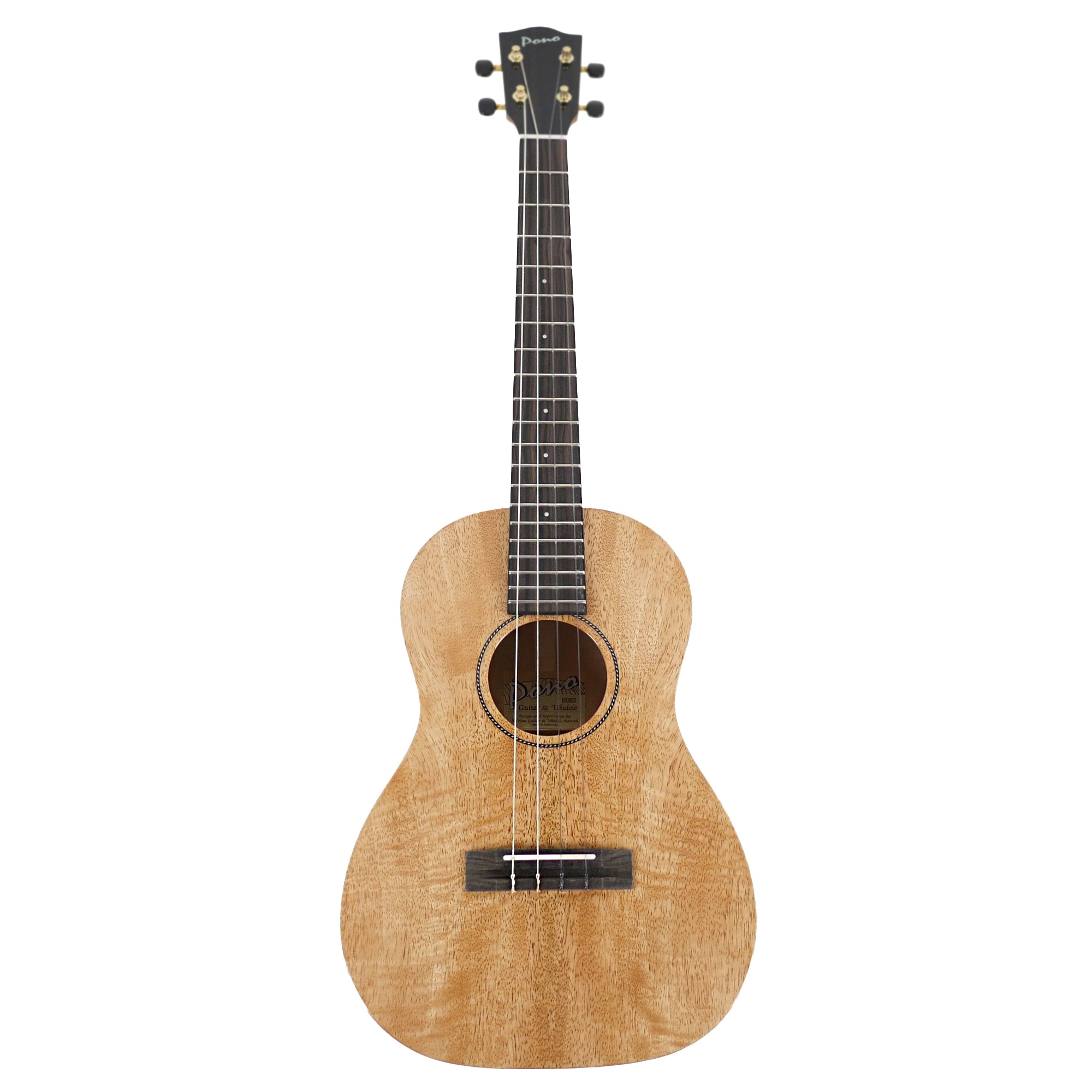 A Pono MGBD natural wood ukulele with a mango top, ebony fretboard, and ebony headstock.